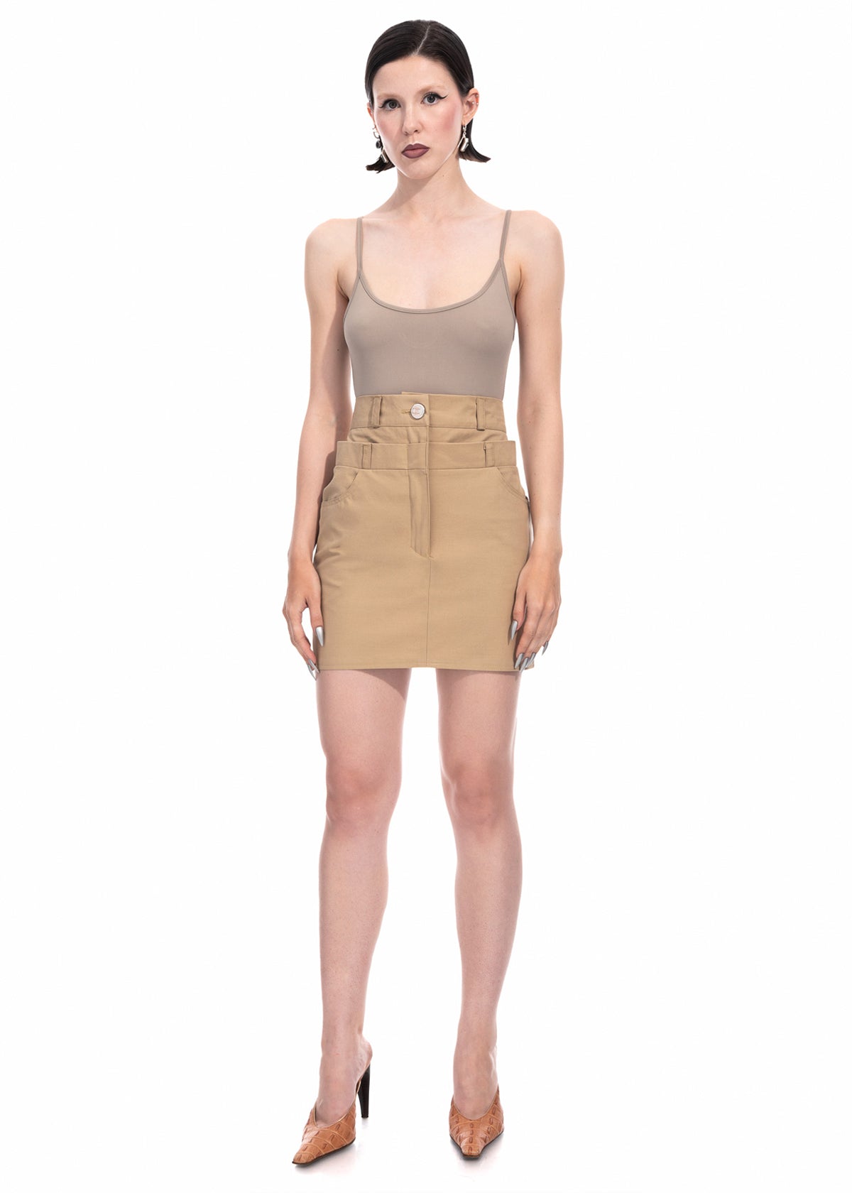 Beige Gabardine Double Waist Mini Skirt