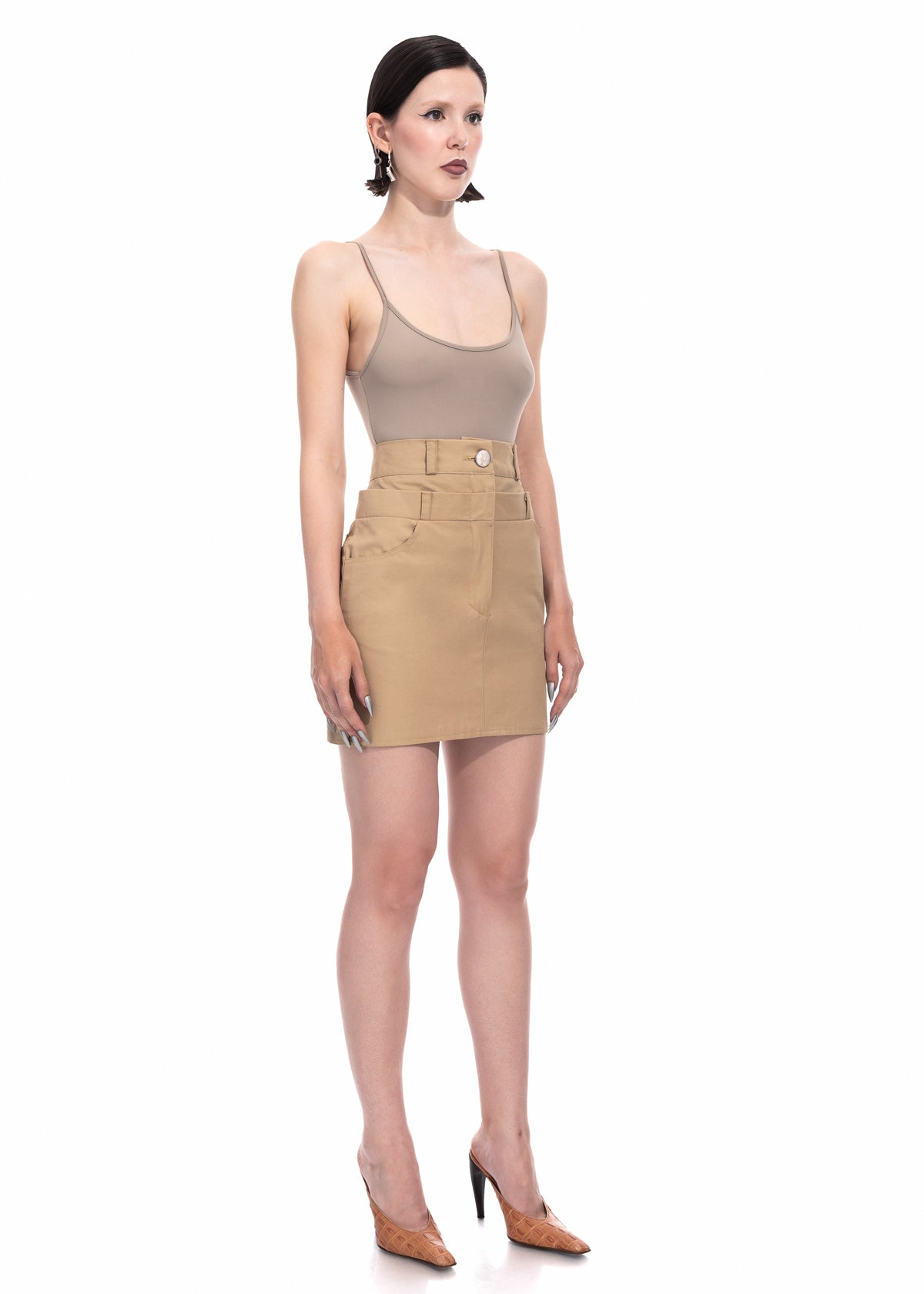 Beige Gabardine Double Waist Mini Skirt