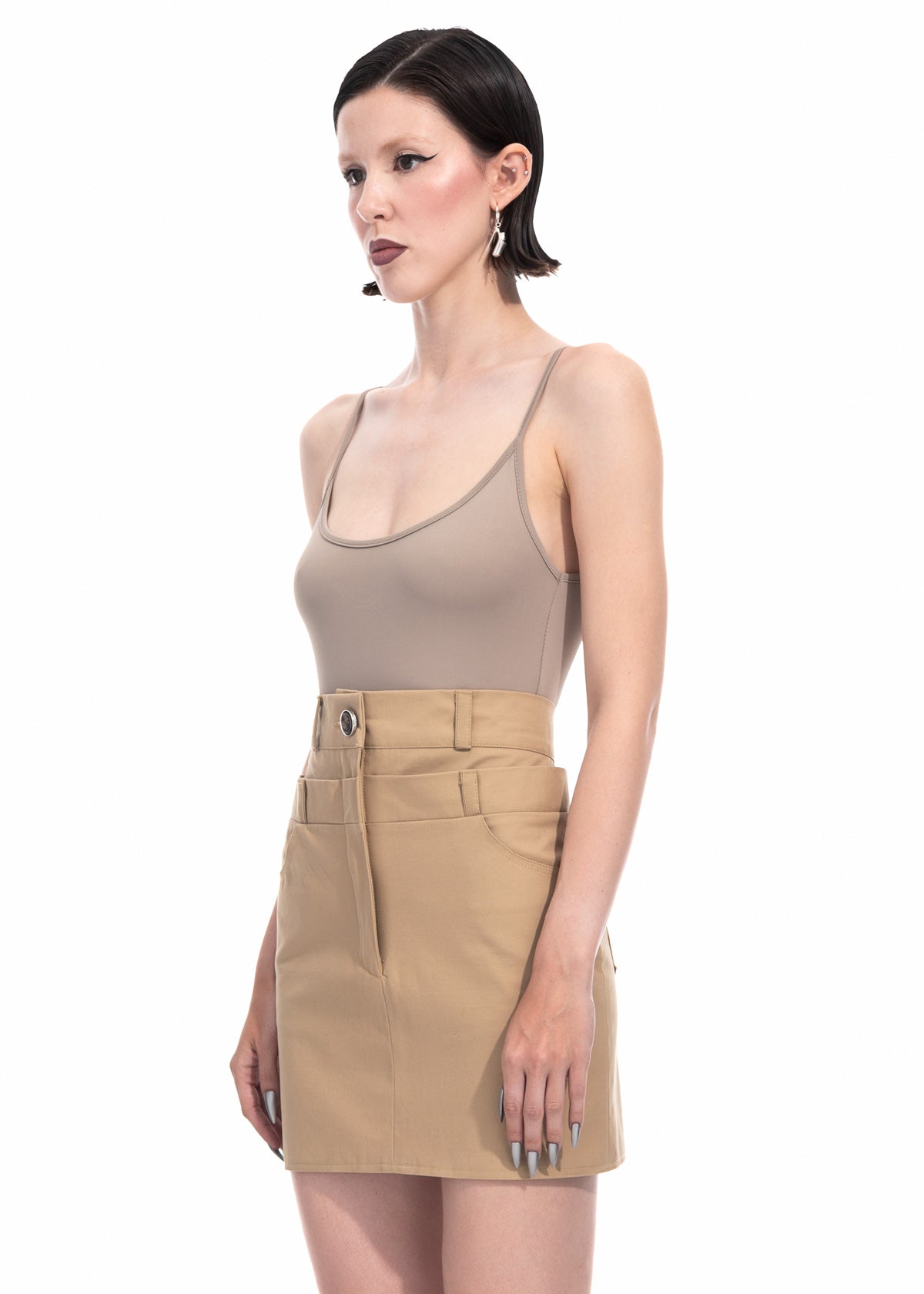 Beige Gabardine Double Waist Mini Skirt