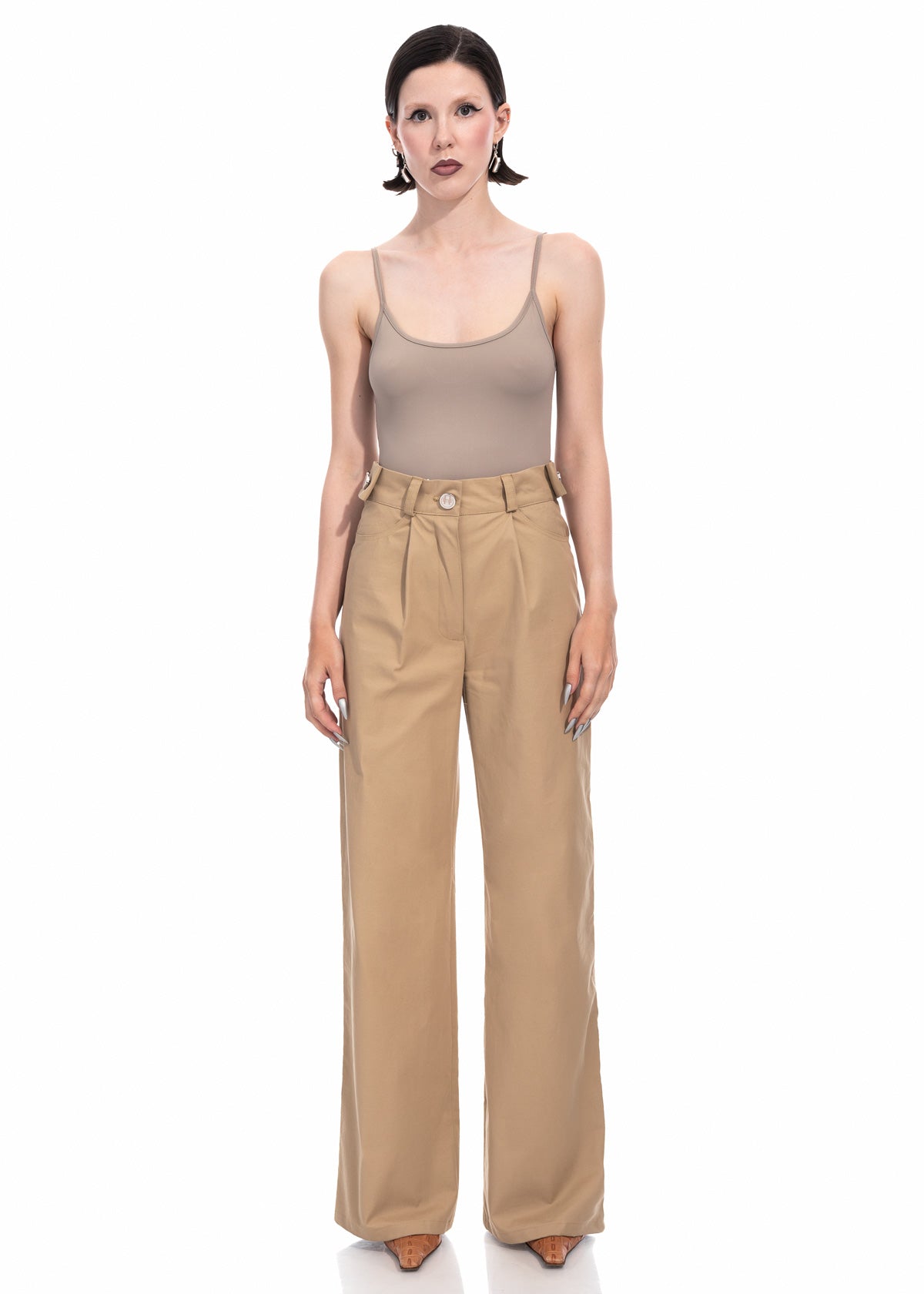 Beige Gabardine Wide Leg Trousers