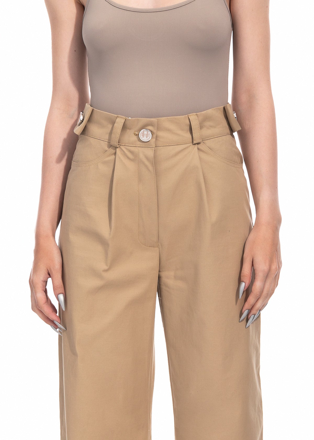 Beige Gabardine Wide Leg Trousers