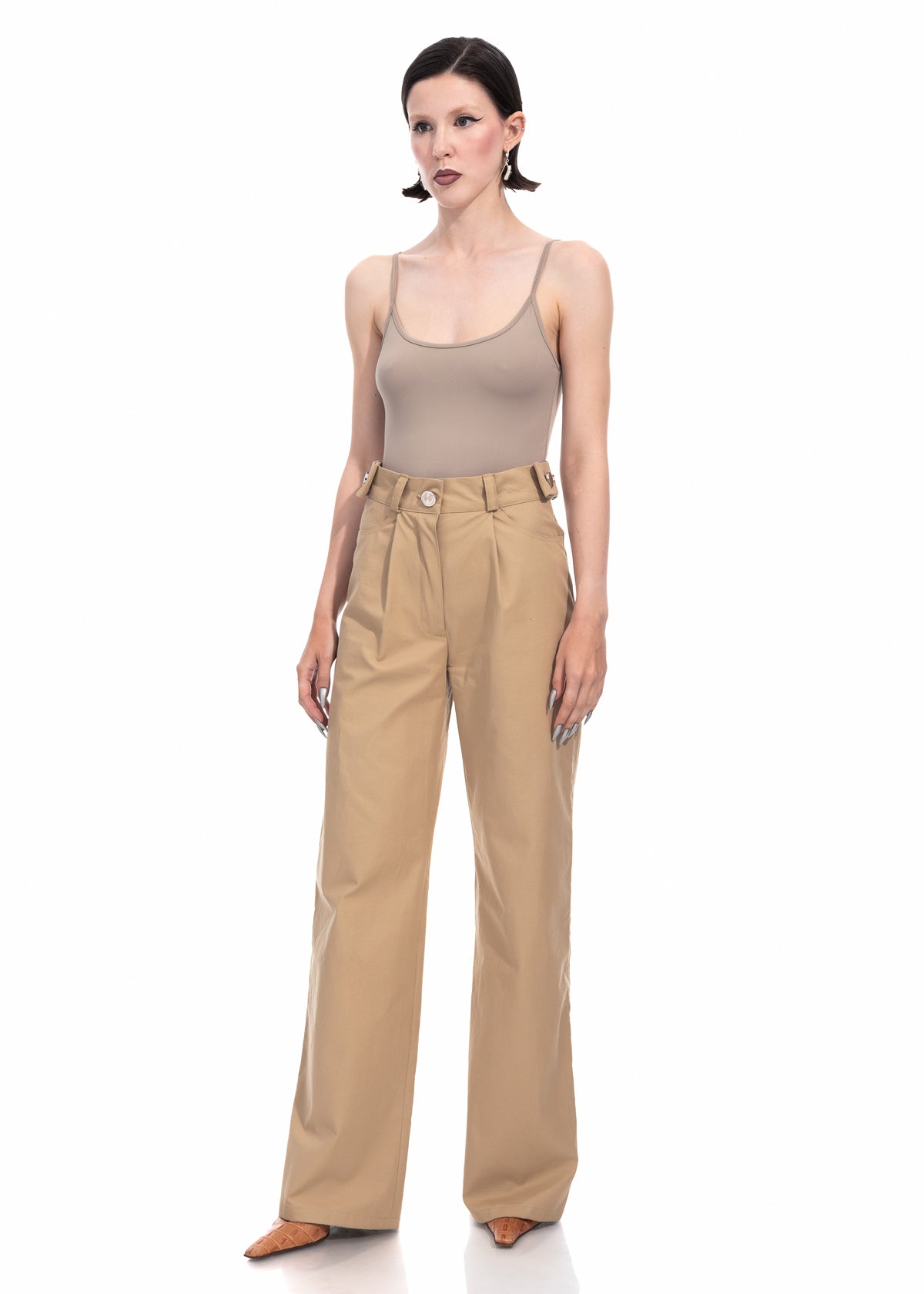 Beige Gabardine Wide Leg Trousers