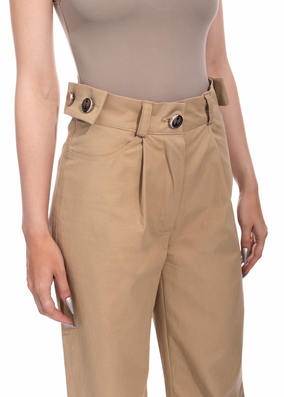 Beige Gabardine Wide Leg Trousers