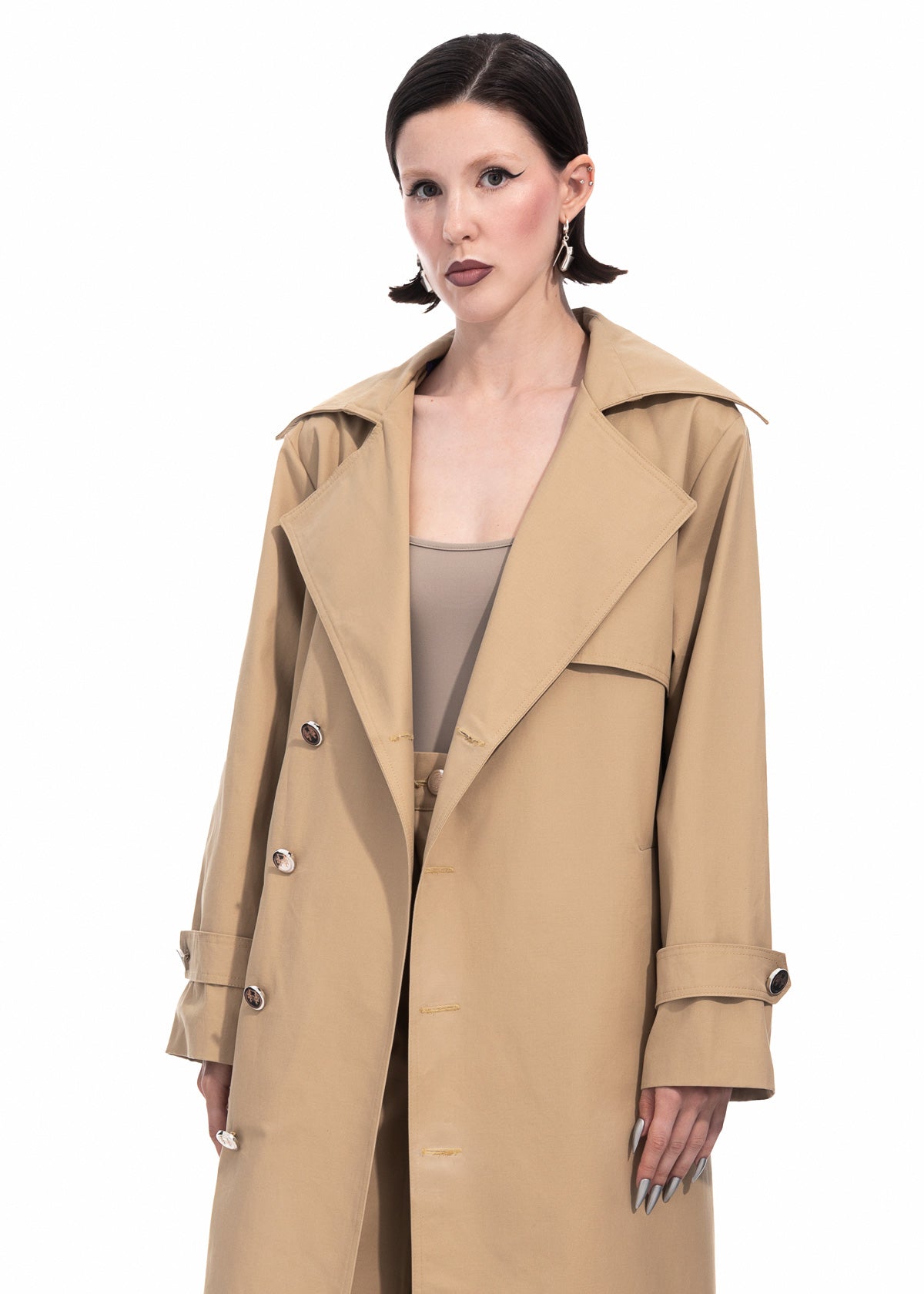 Beige Gabardine Trench Coat with Embroidered Logo Detail