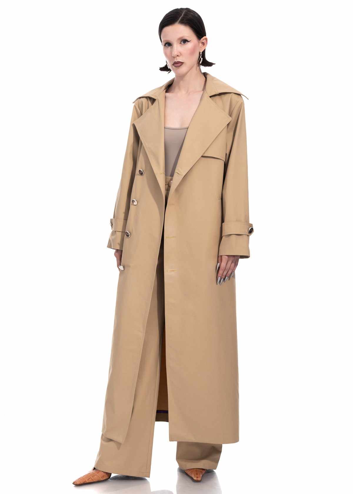 Beige Gabardine Trench Coat with Embroidered Logo Detail