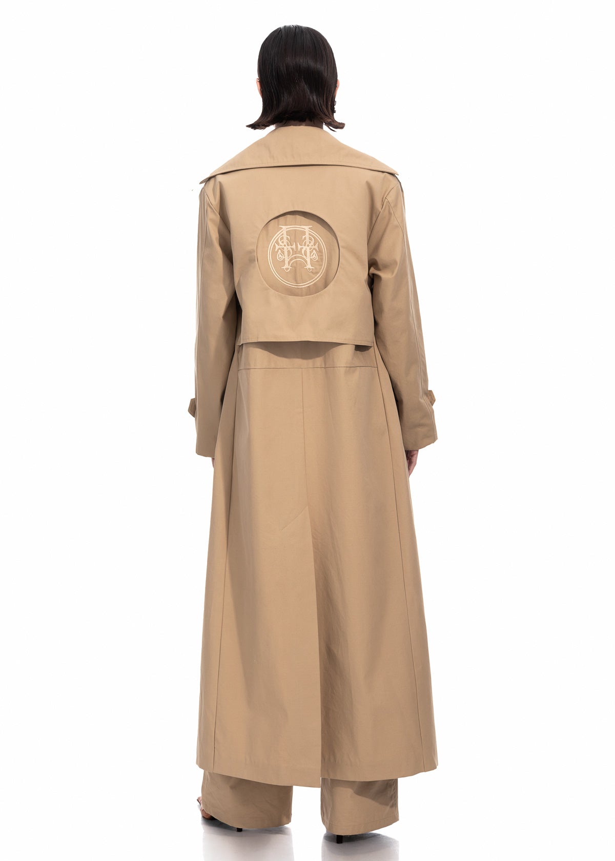 Beige Gabardine Trench Coat with Embroidered Logo Detail
