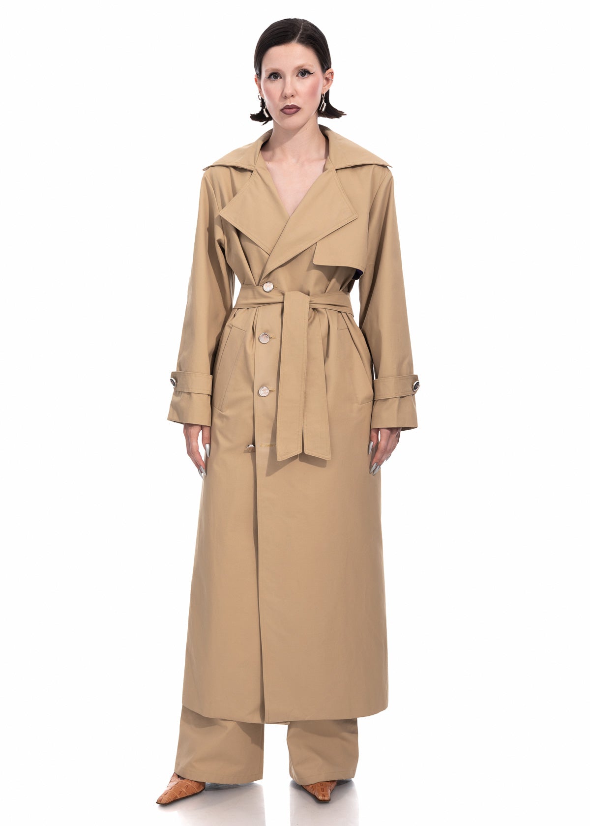 Beige Gabardine Trench Coat with Embroidered Logo Detail
