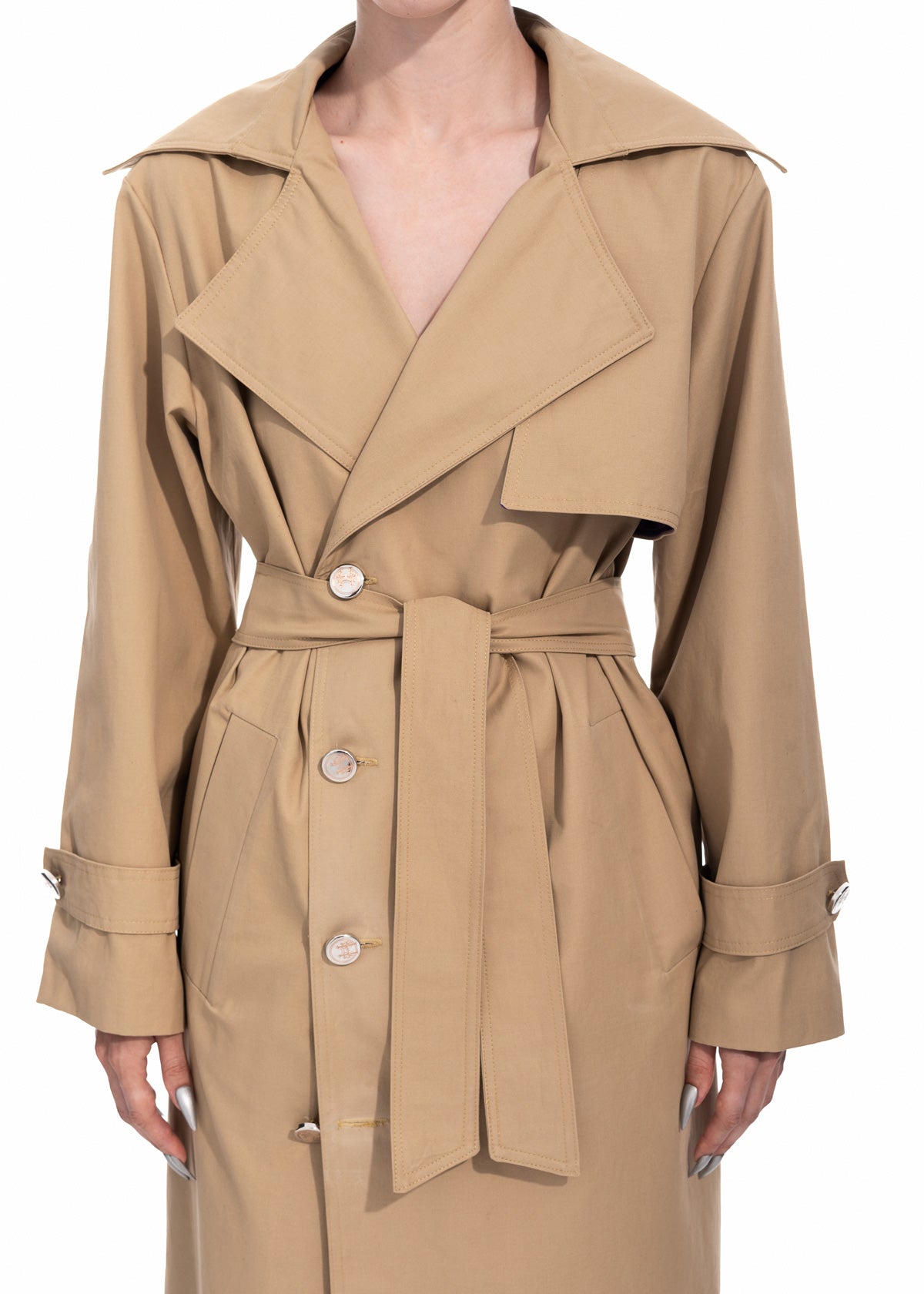 Beige Gabardine Trench Coat with Embroidered Logo Detail