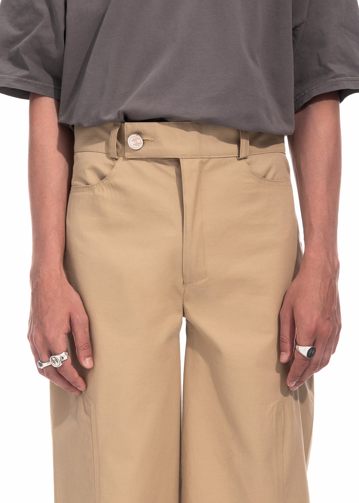 Beige Gabardine Wide Leg Trousers