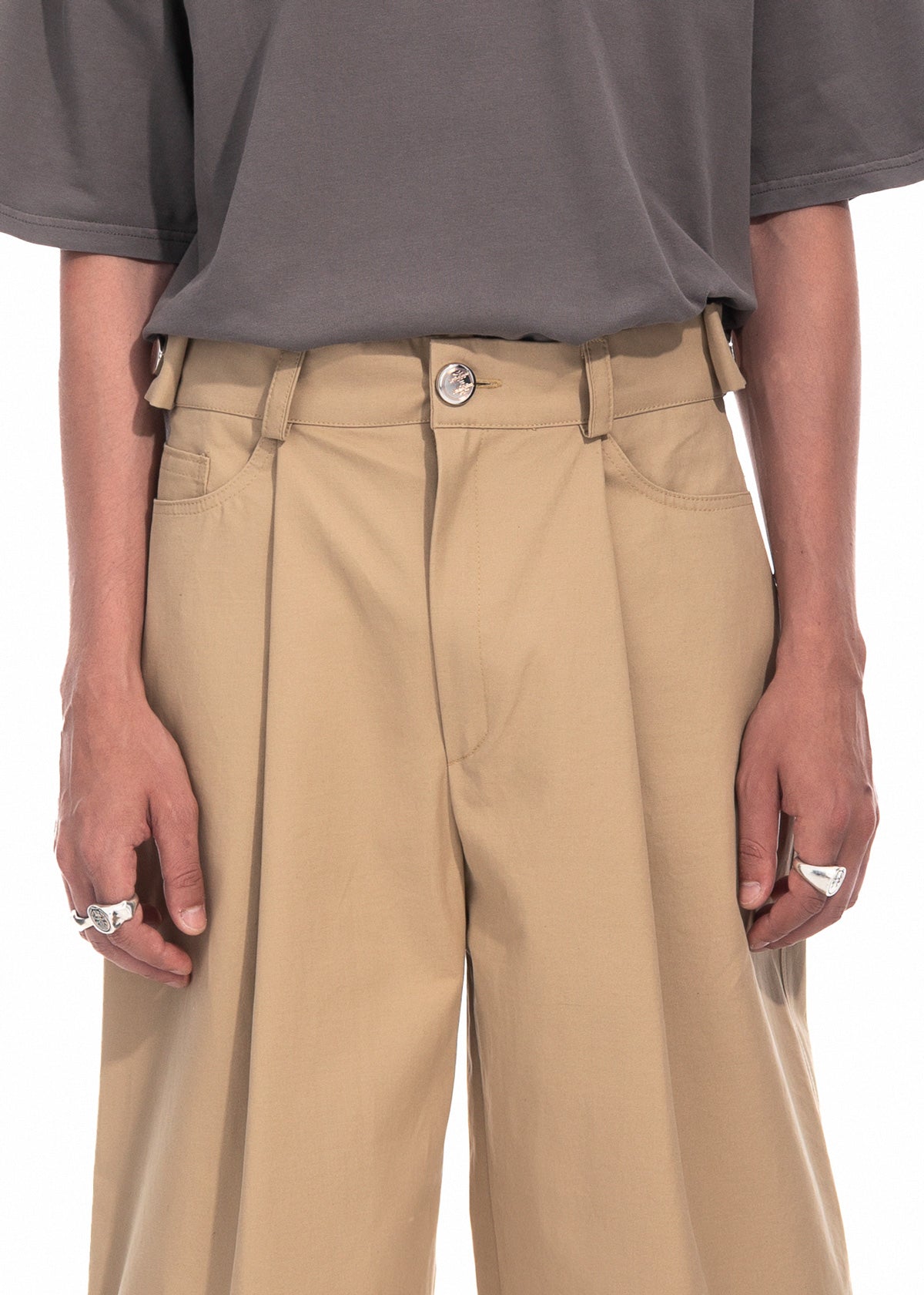 Beige Gabardine Wide Leg Pleated Trousers