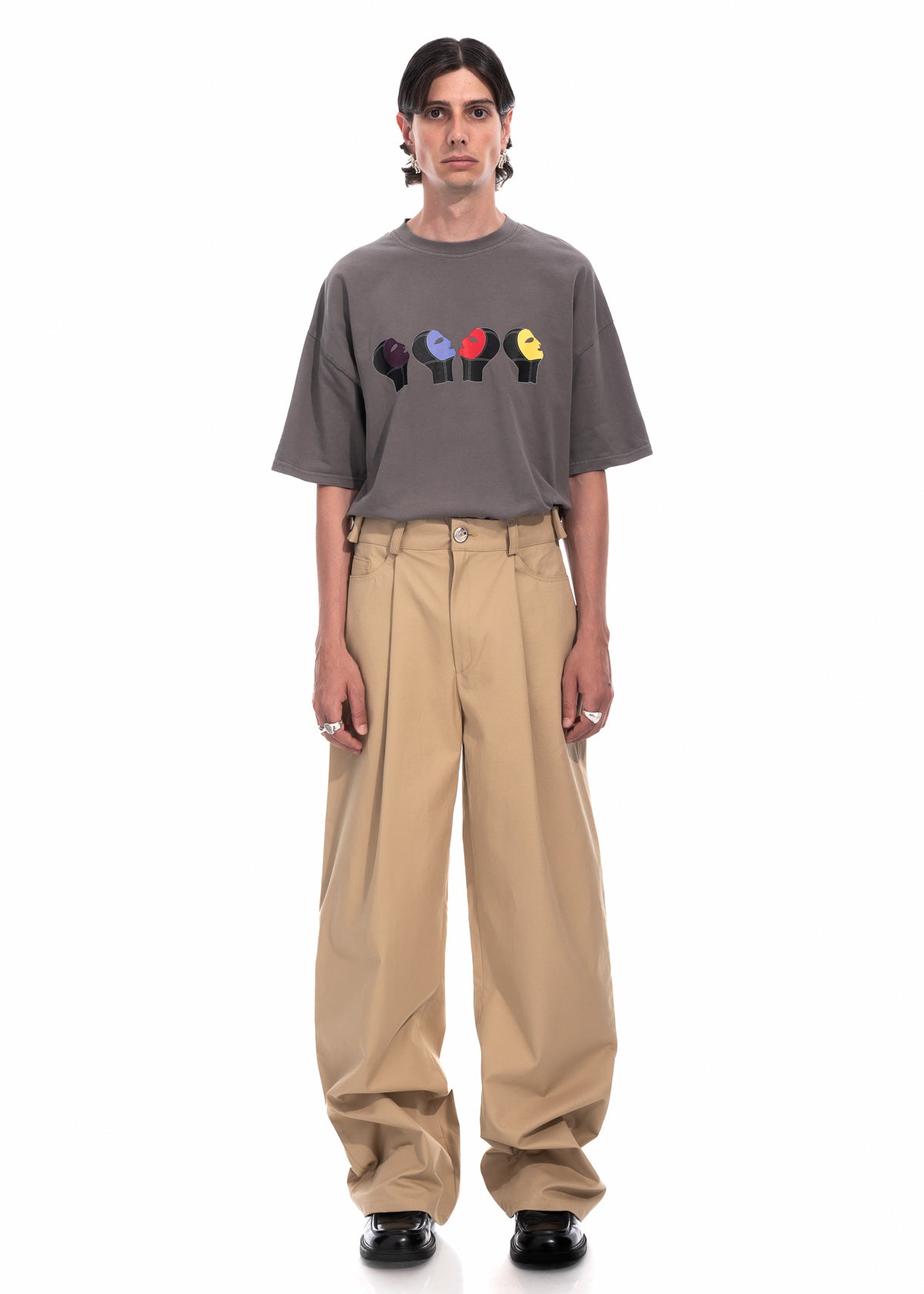 Beige Gabardine Wide Leg Pleated Trousers