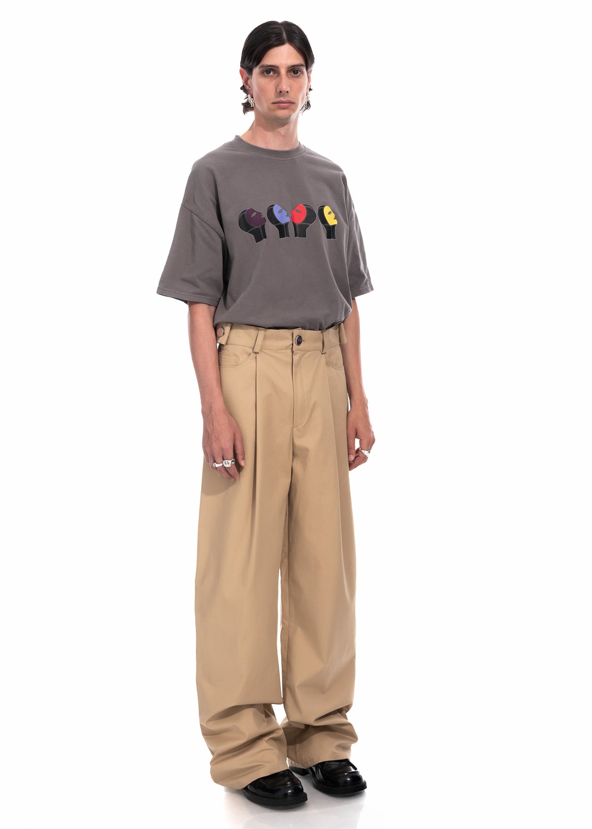 Beige Gabardine Wide Leg Pleated Trousers