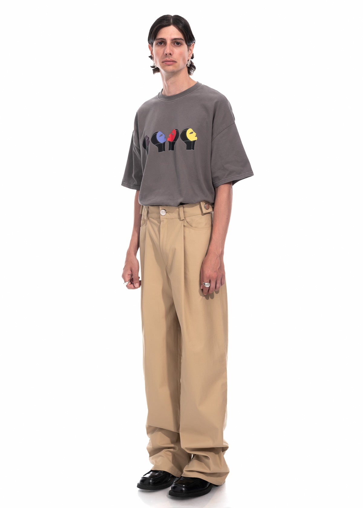 Beige Gabardine Wide Leg Pleated Trousers