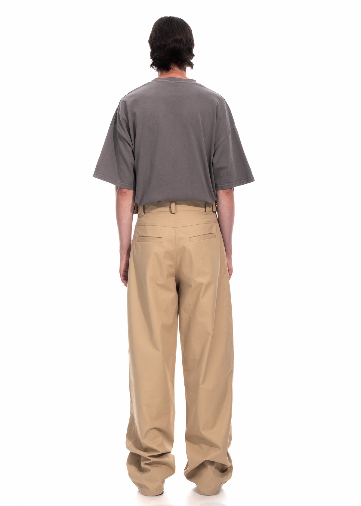 Beige Gabardine Wide Leg Pleated Trousers