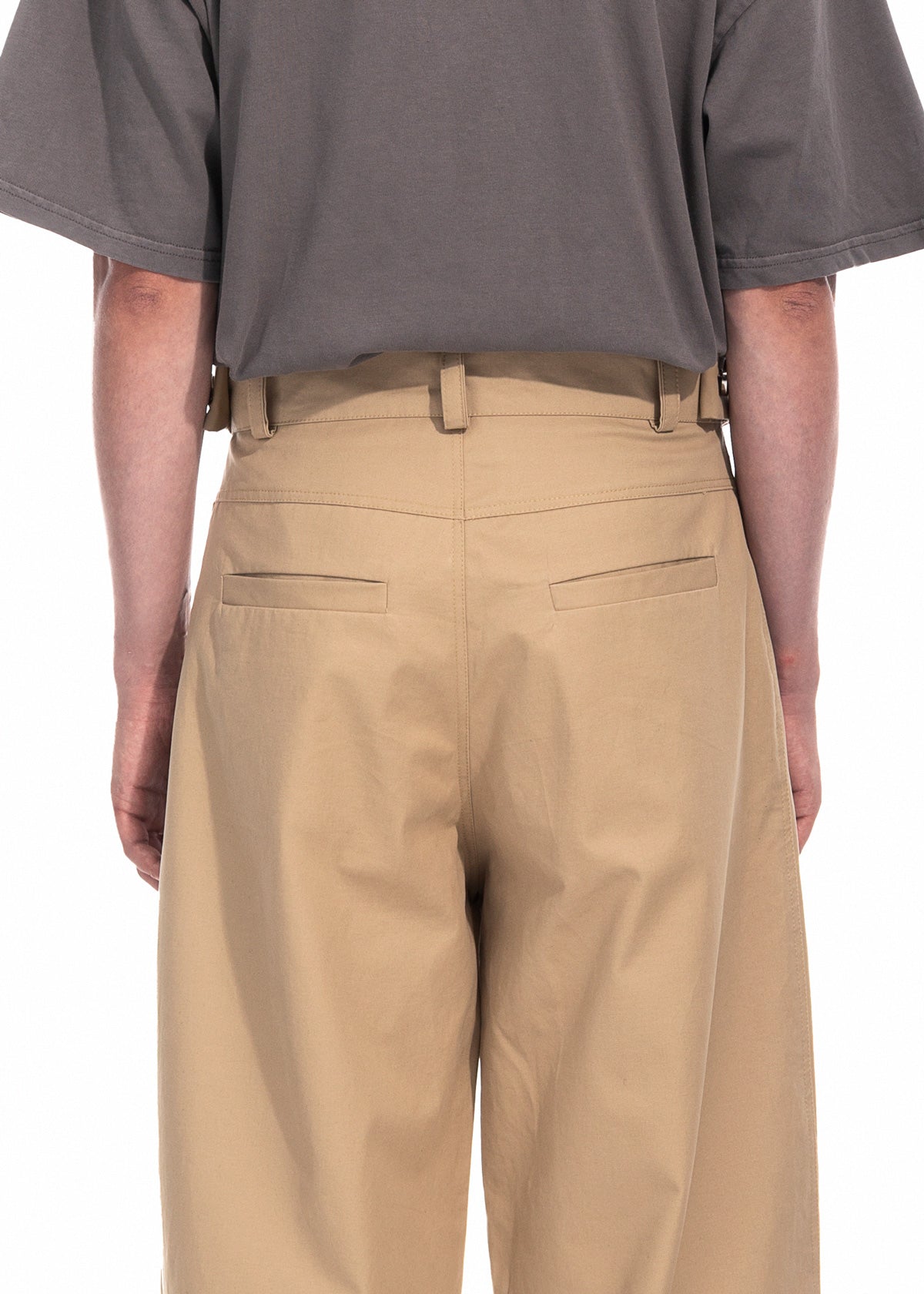 Beige Gabardine Wide Leg Pleated Trousers