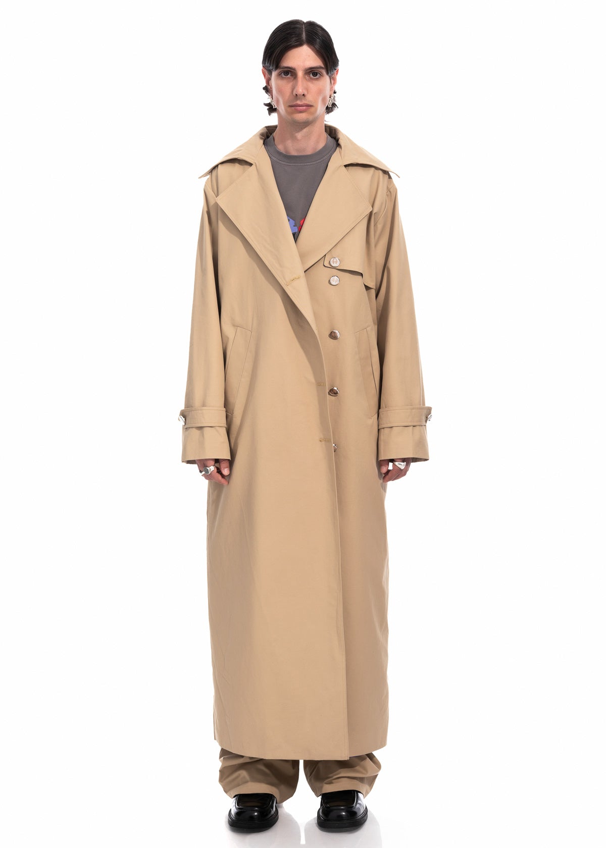 Beige Gabardine Trench Coat with Embroidered Logo Detail