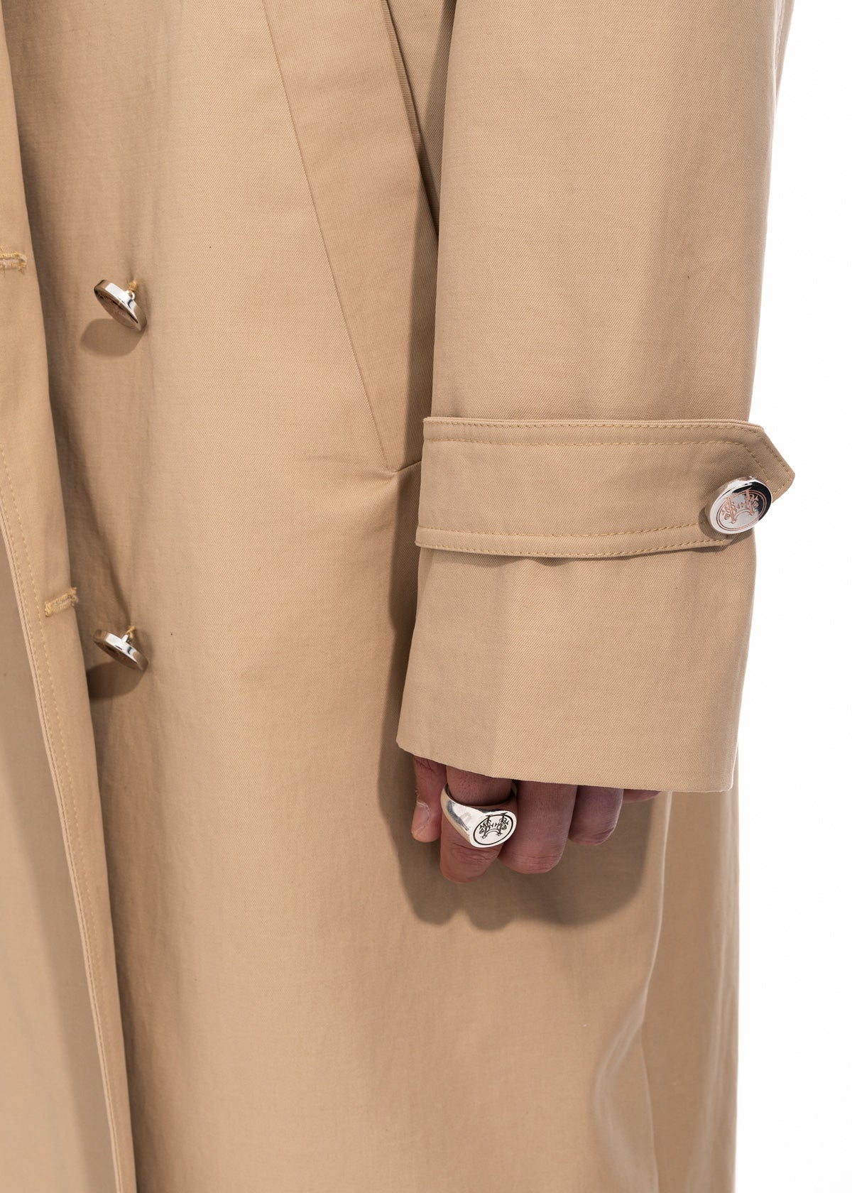 Beige Gabardine Trench Coat with Embroidered Logo Detail