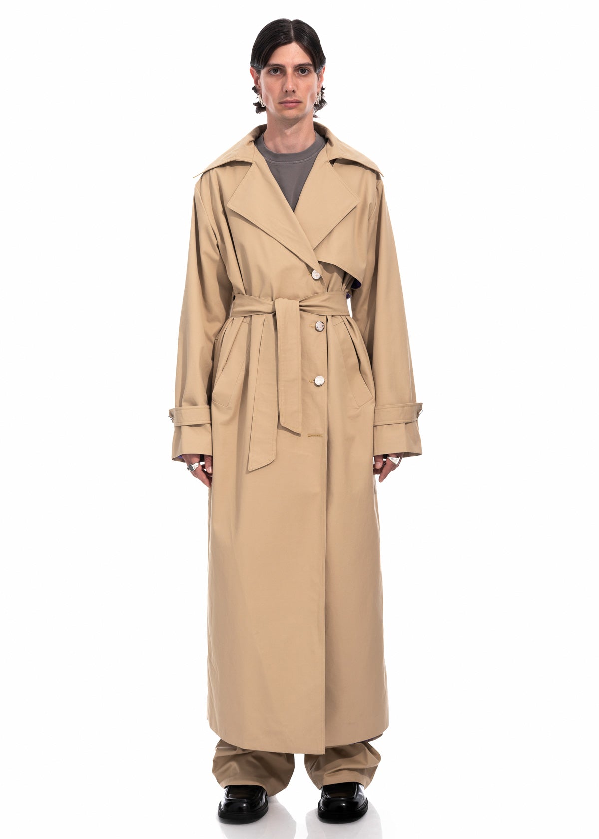 Beige Gabardine Trench Coat with Embroidered Logo Detail