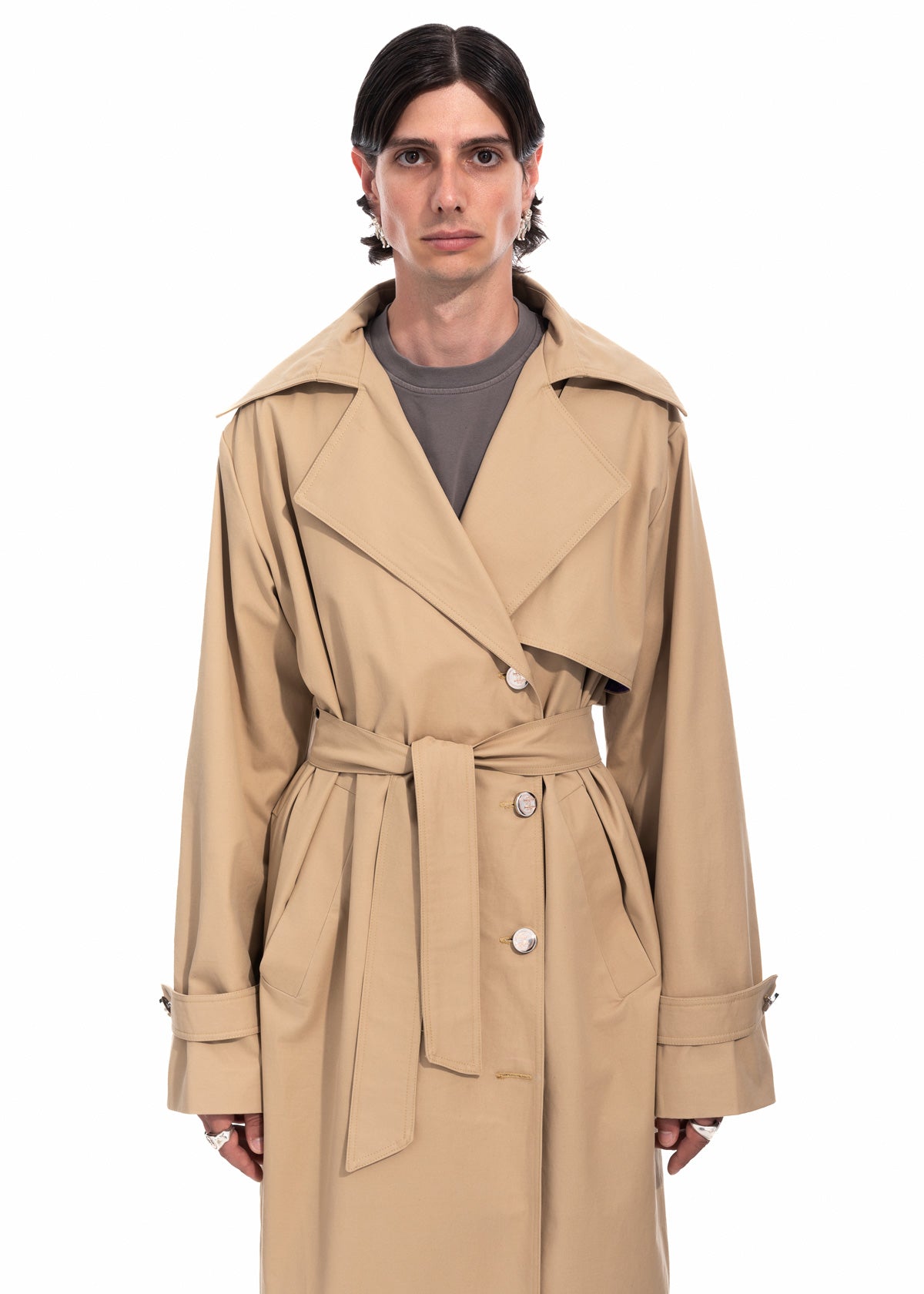 Beige Gabardine Trench Coat with Embroidered Logo Detail
