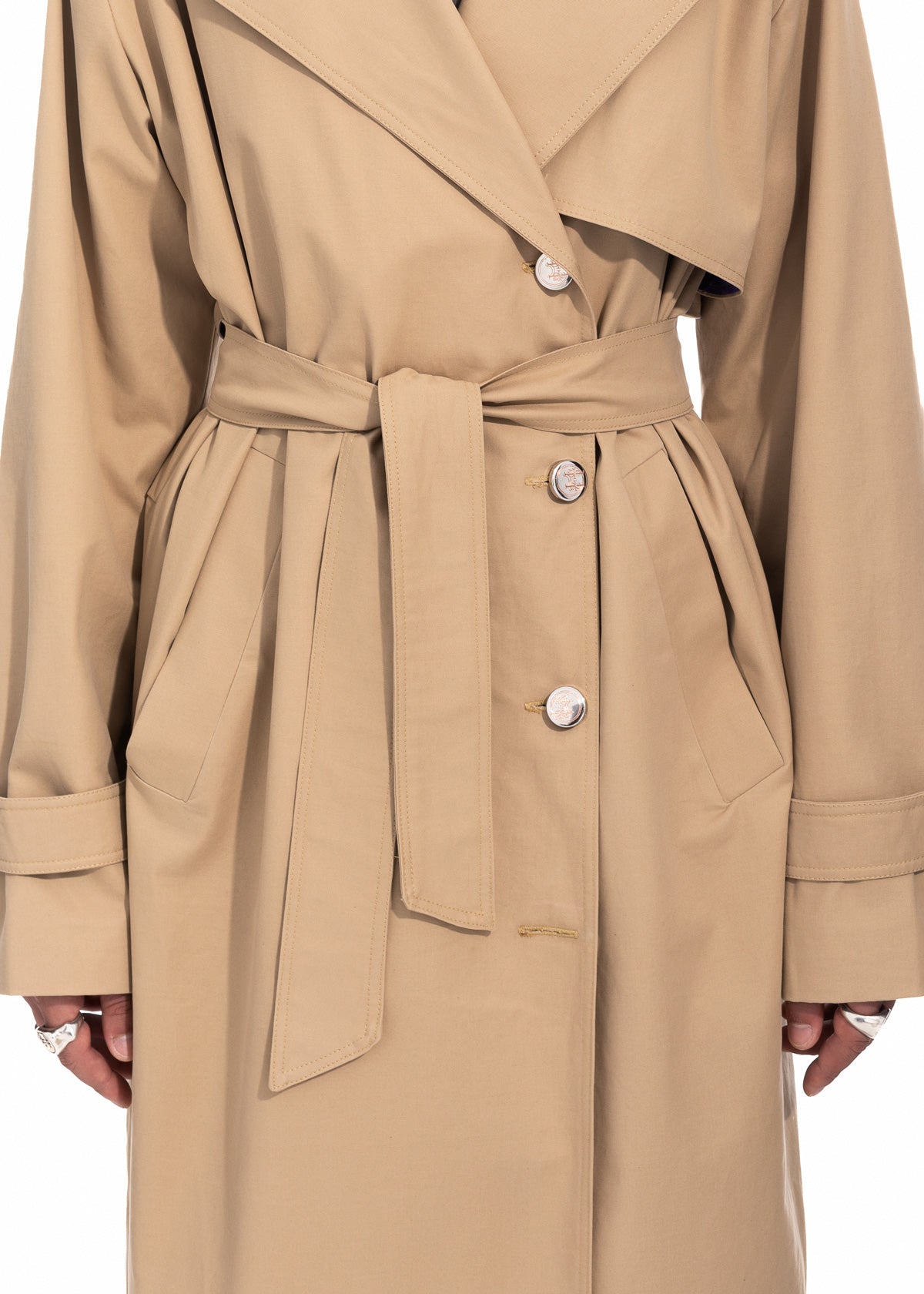 Beige Gabardine Trench Coat with Embroidered Logo Detail