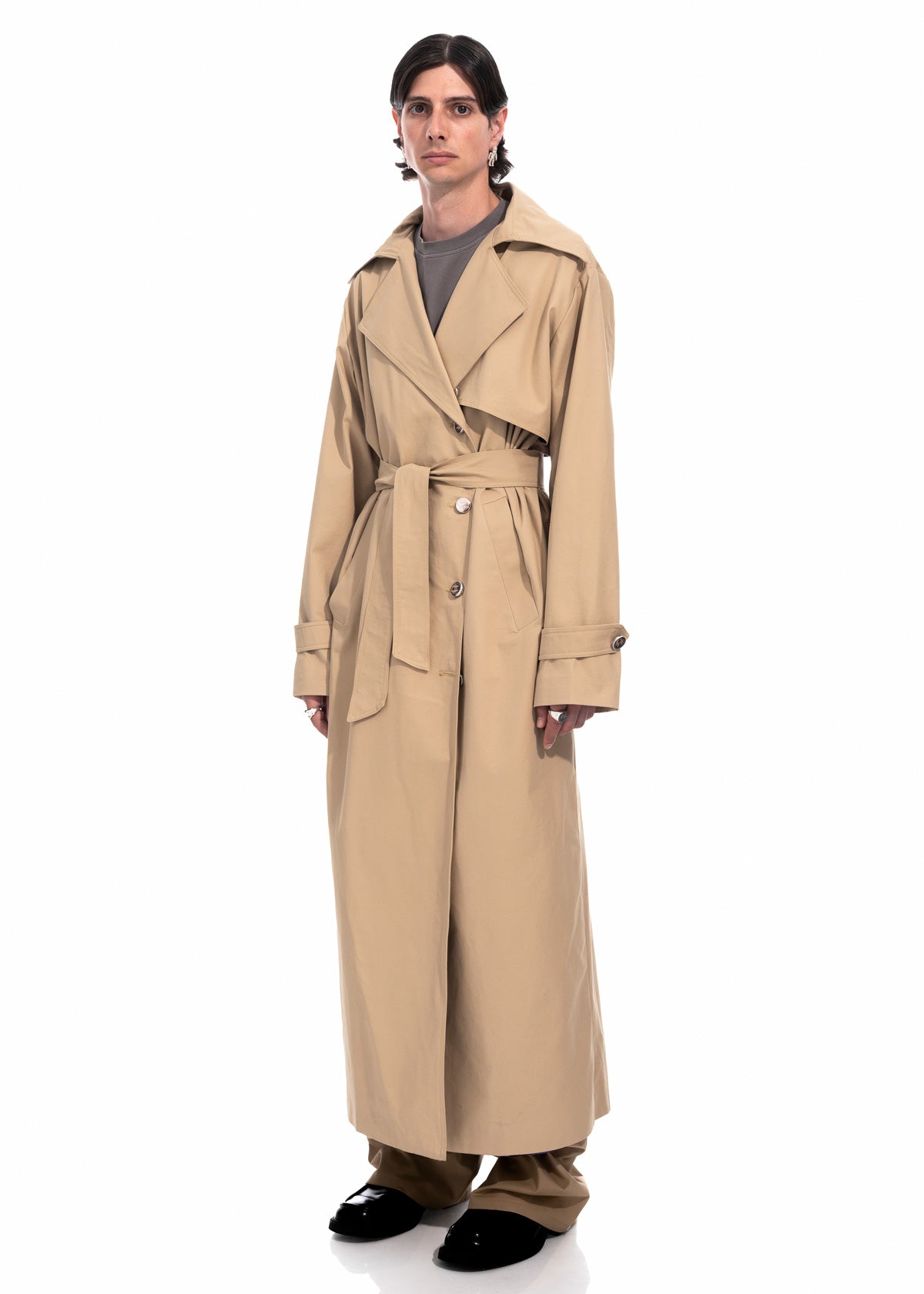 Beige Gabardine Trench Coat with Embroidered Logo Detail