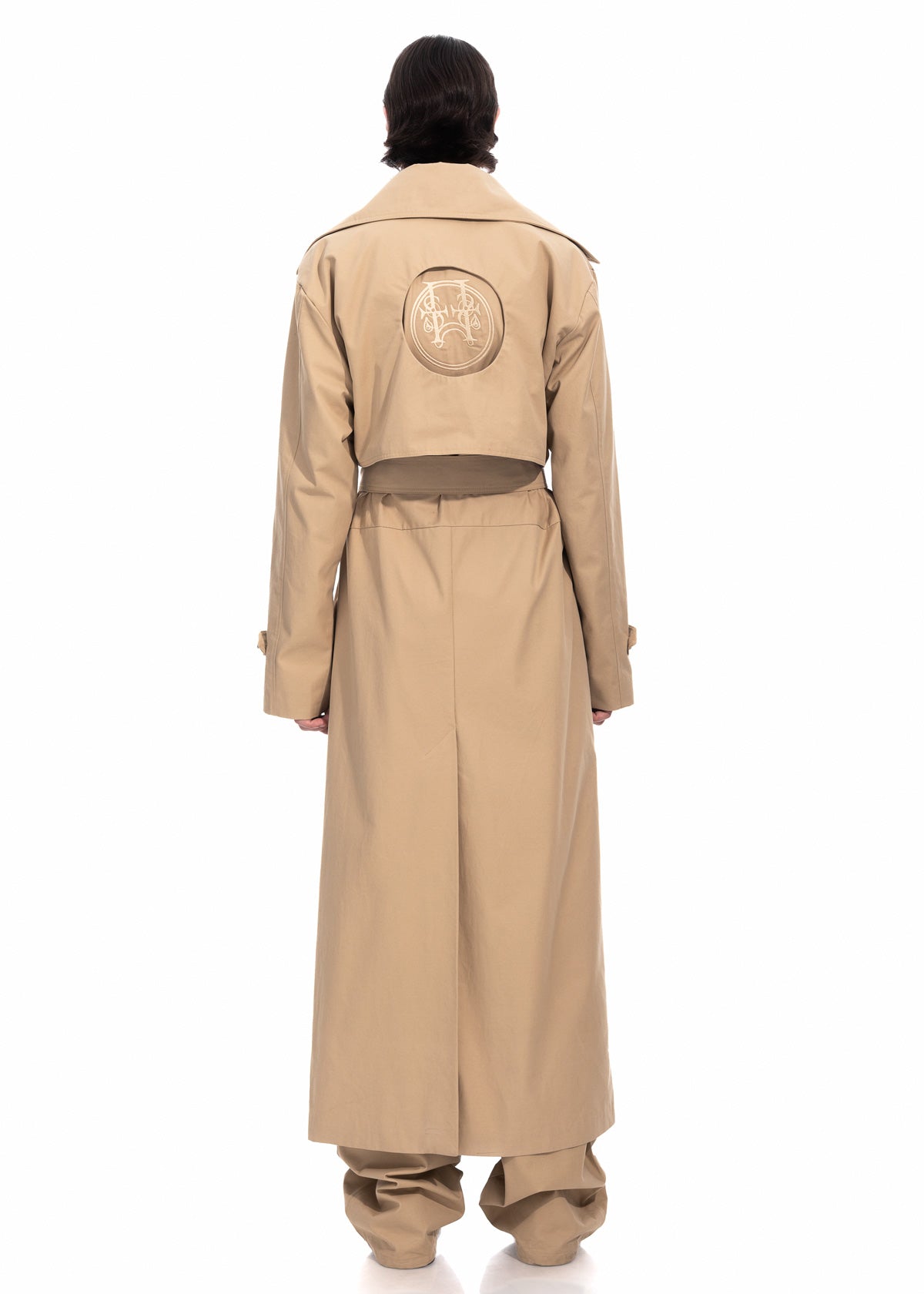 Beige Gabardine Trench Coat with Embroidered Logo Detail