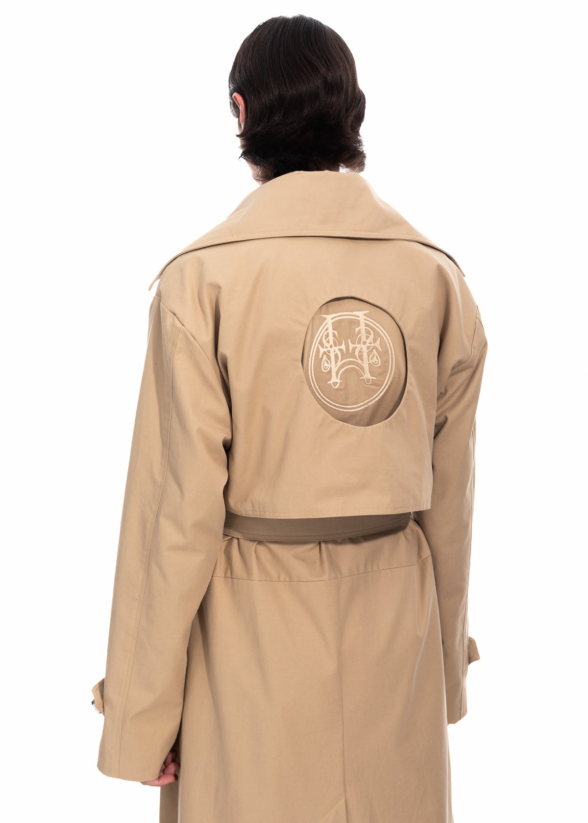 Beige Gabardine Trench Coat with Embroidered Logo Detail