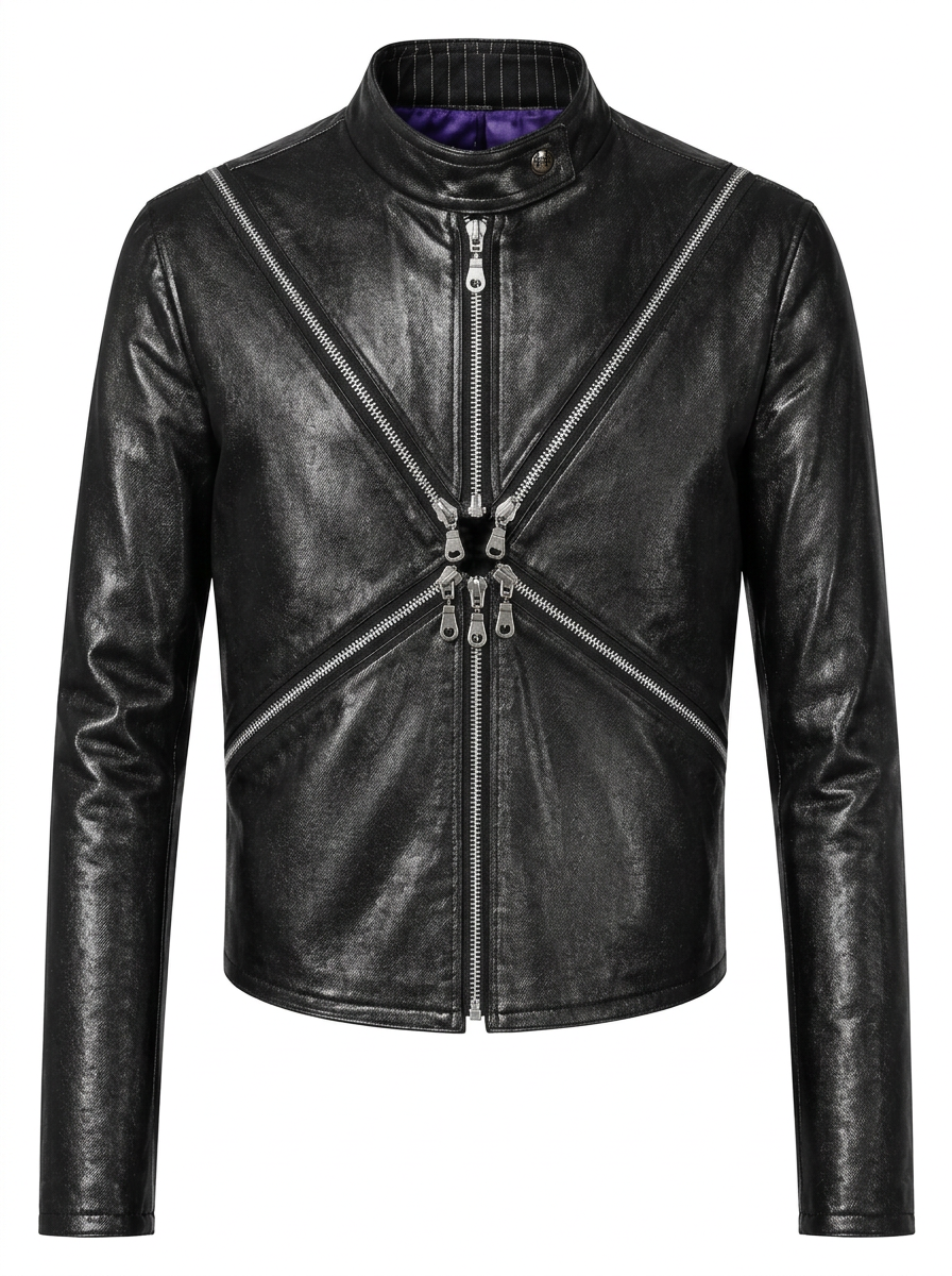 Hand-Varnished Denim Radial Zip Jacket