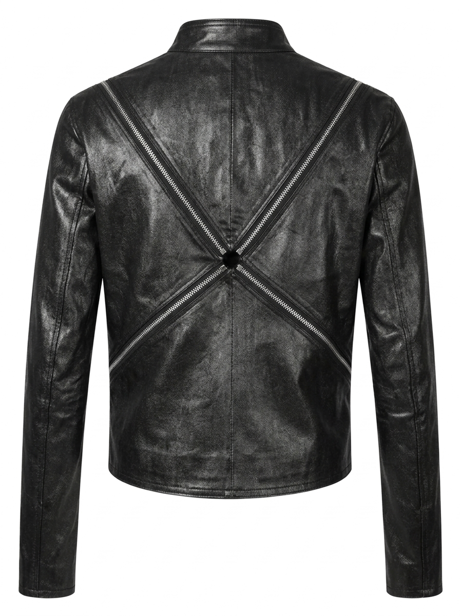 Hand-Varnished Denim Radial Zip Jacket