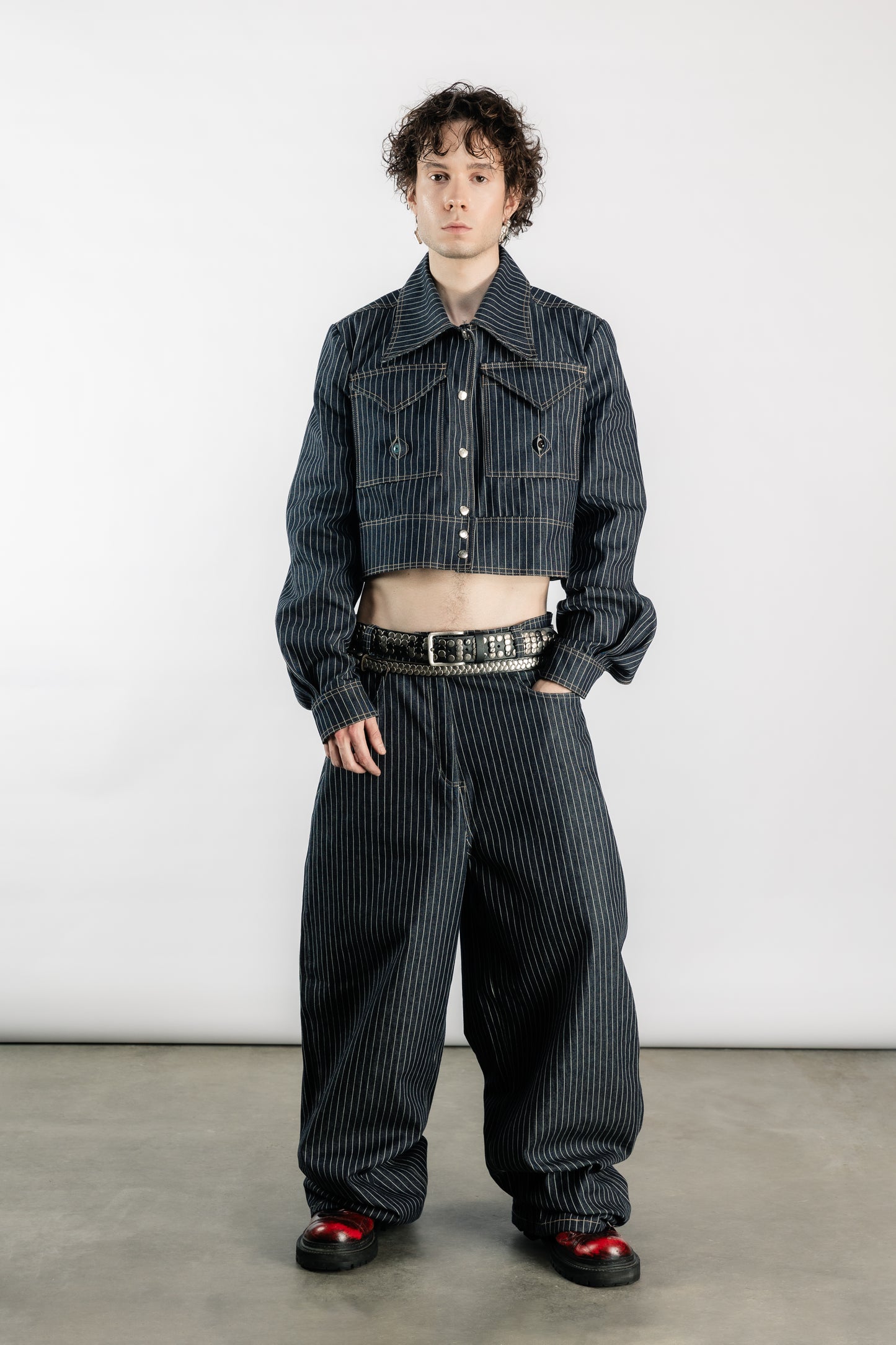Tearless Pinstripe Denim Wide-Leg Jeans