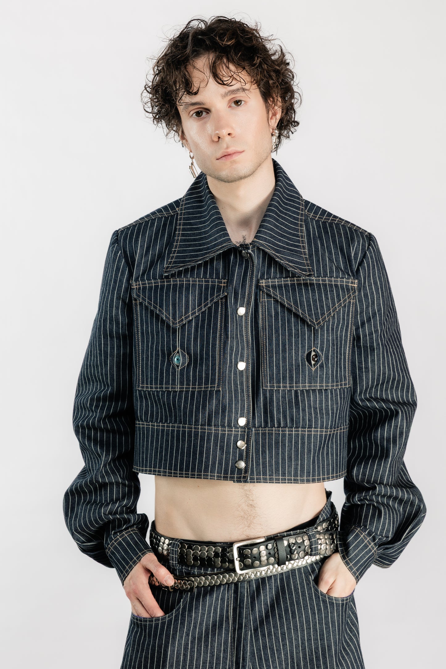 Tearless Pinstripe Denim Cropped Jacket