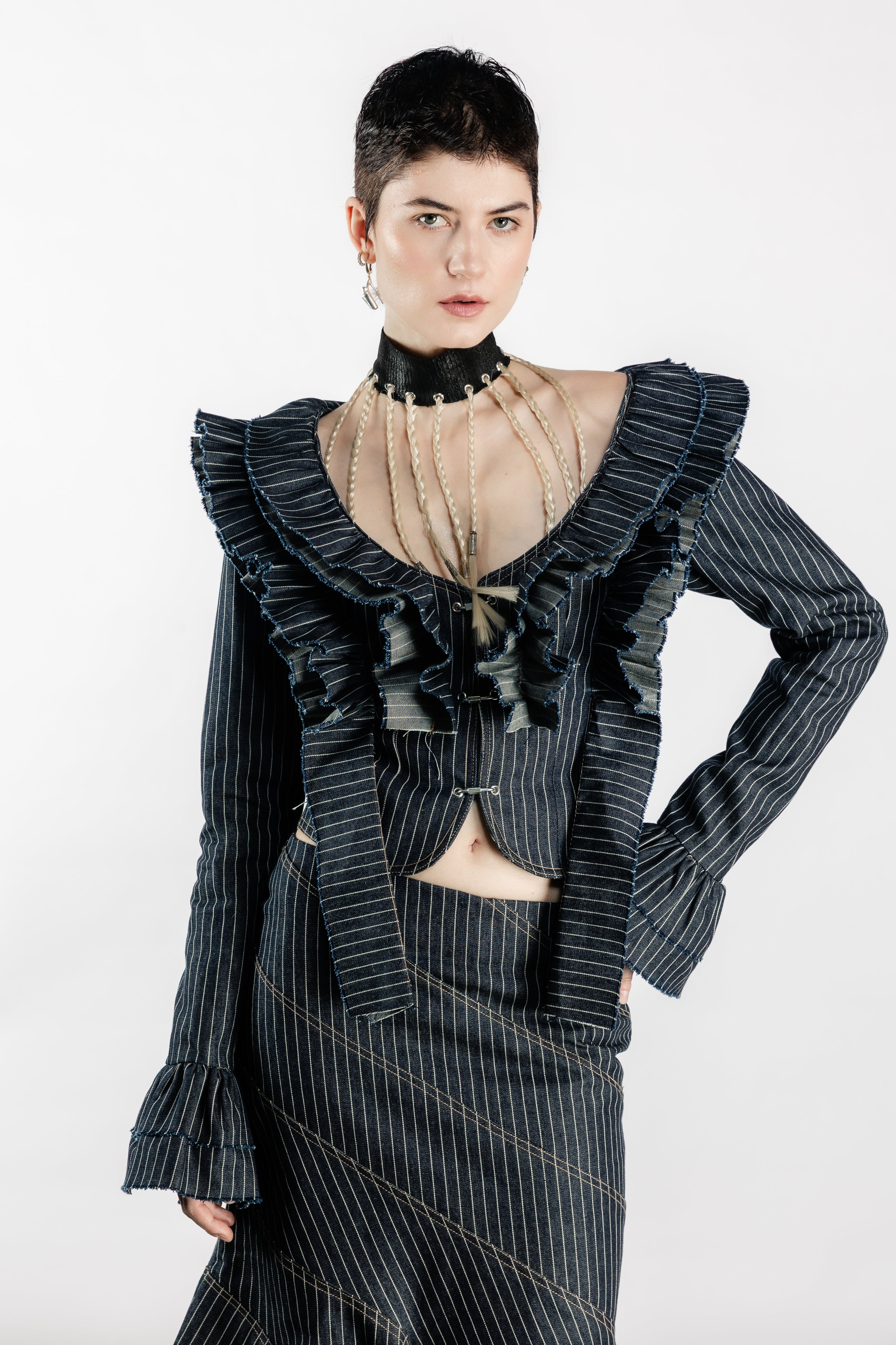Tearless Pinstripe Denim Ruffled Top