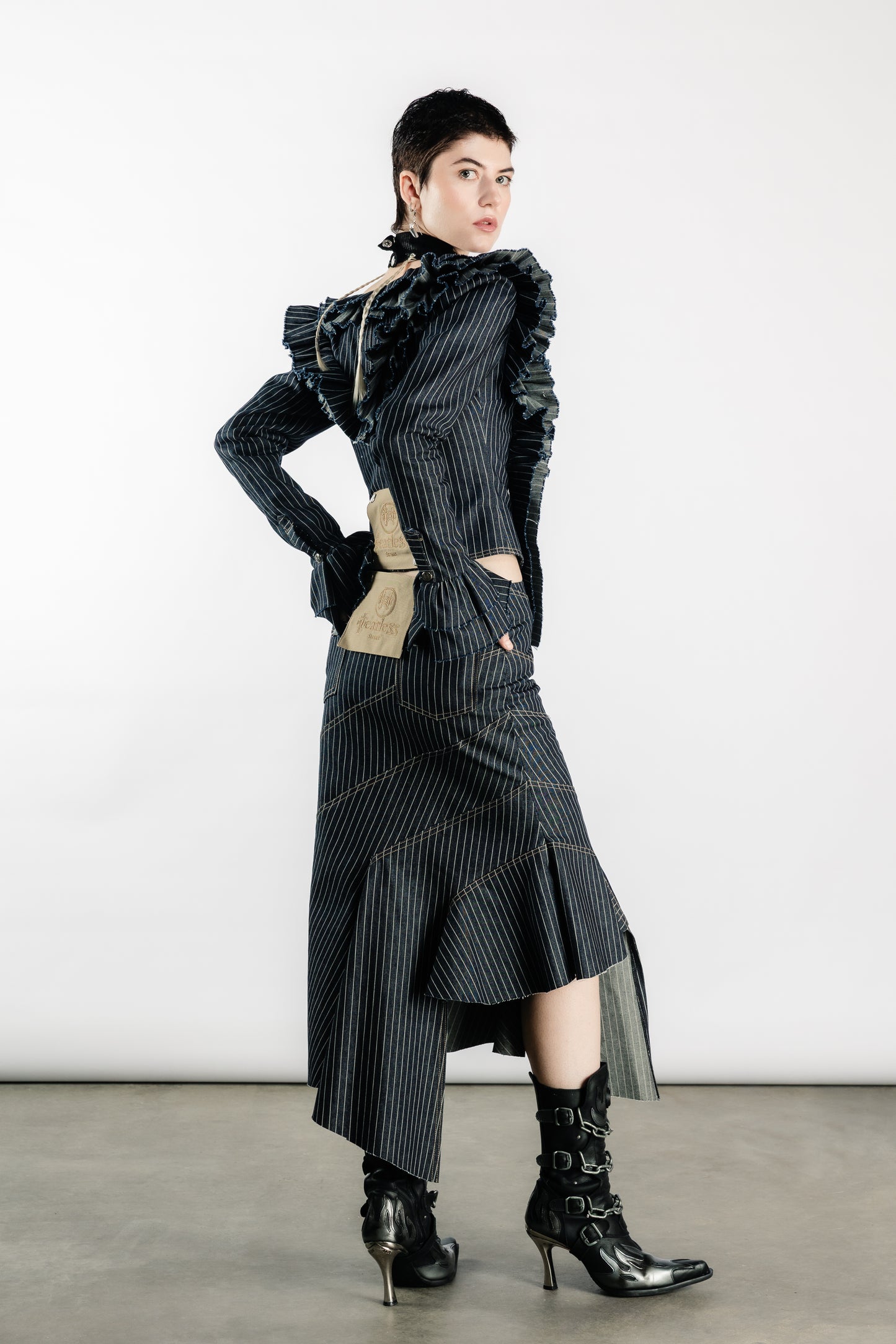 Tearless Pinstripe Denim Asymmetric Skirt