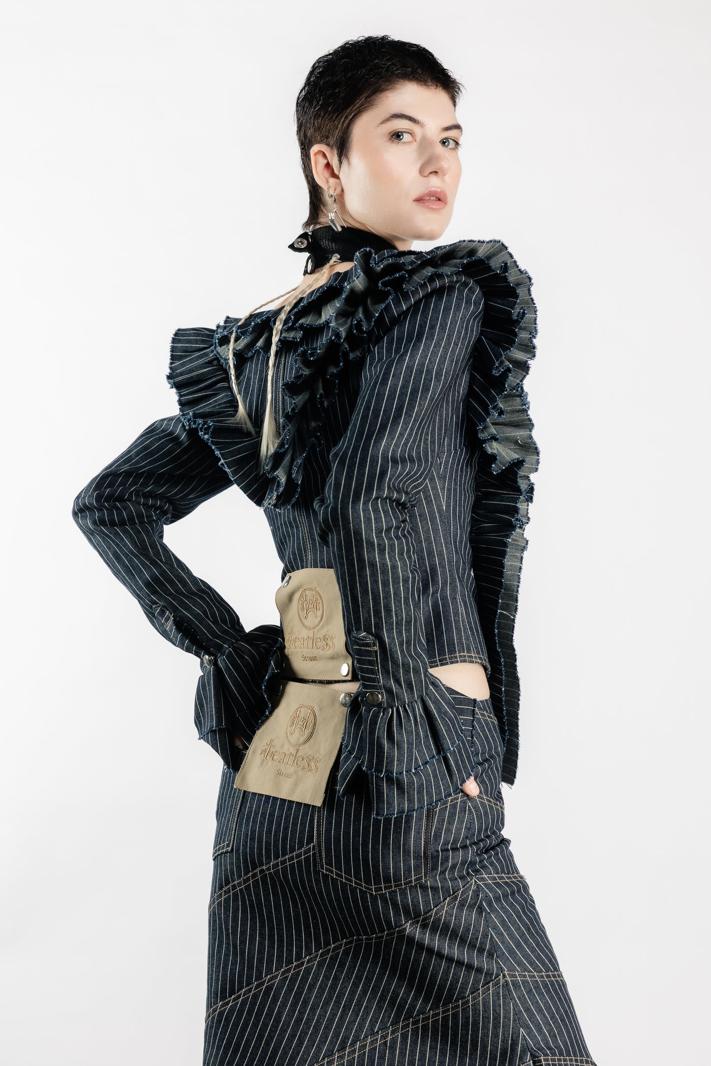 Tearless Pinstripe Denim Ruffled Top