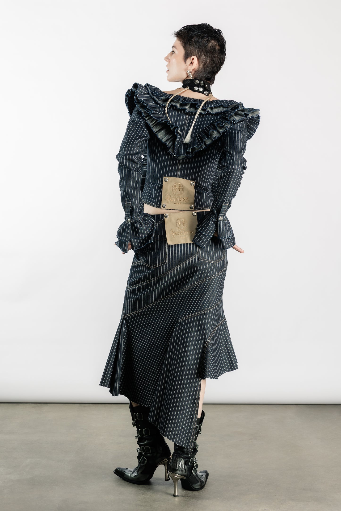 Tearless Pinstripe Denim Asymmetric Skirt