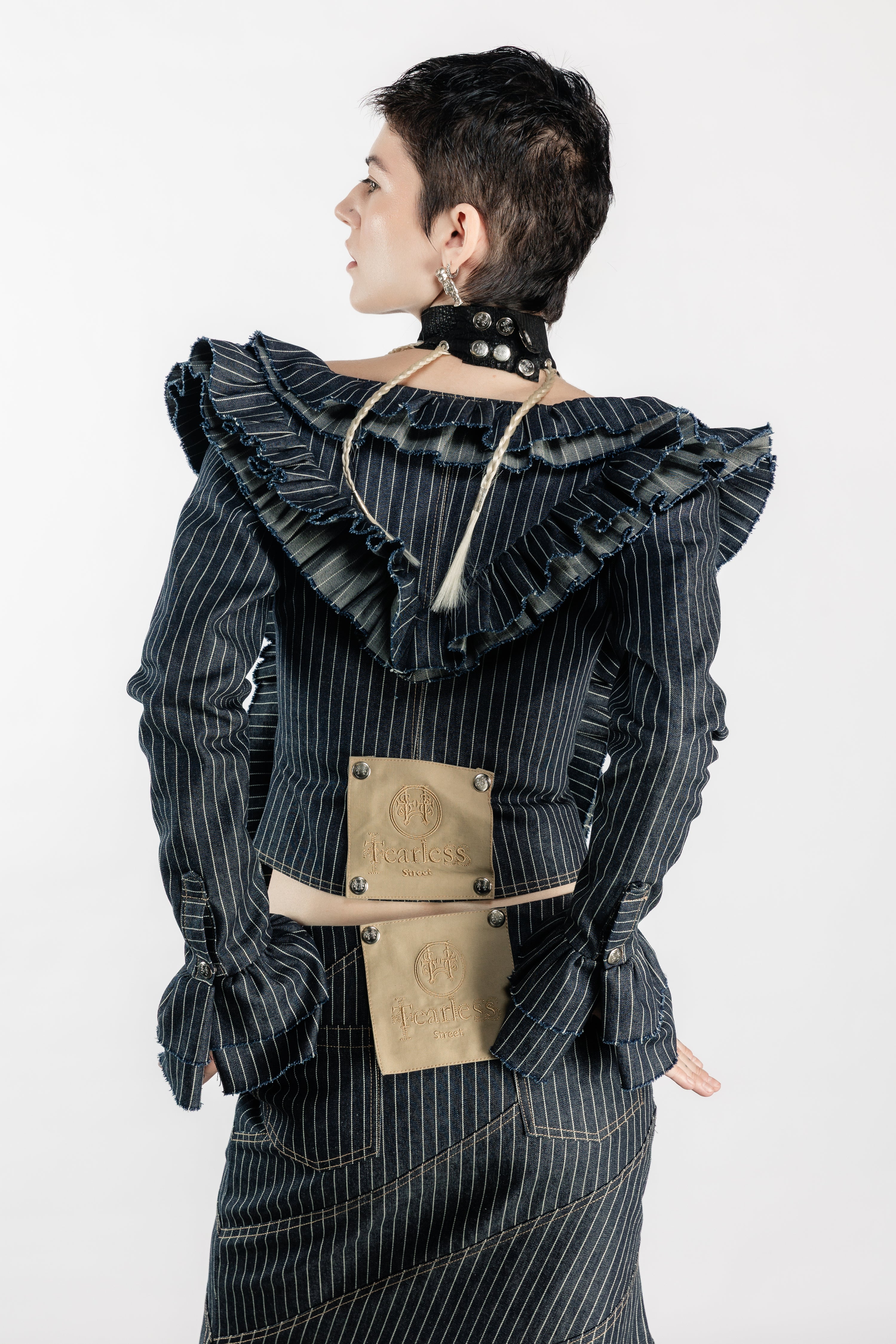 Tearless Pinstripe Denim Ruffled Top