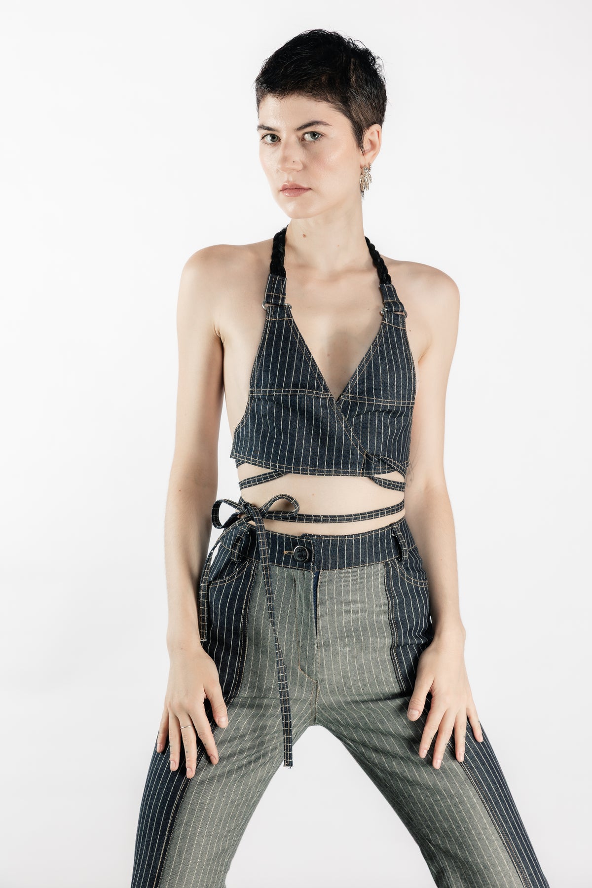 Tearless Pinstripe Denim Halter Top