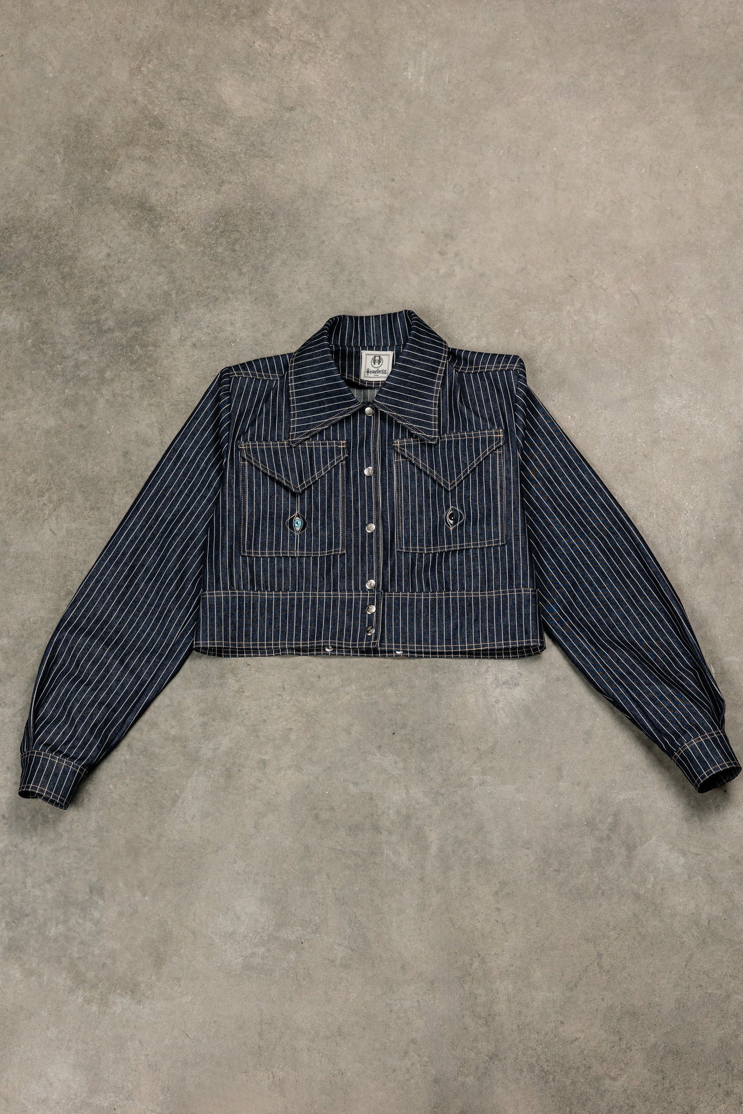 Tearless Pinstripe Denim Cropped Jacket