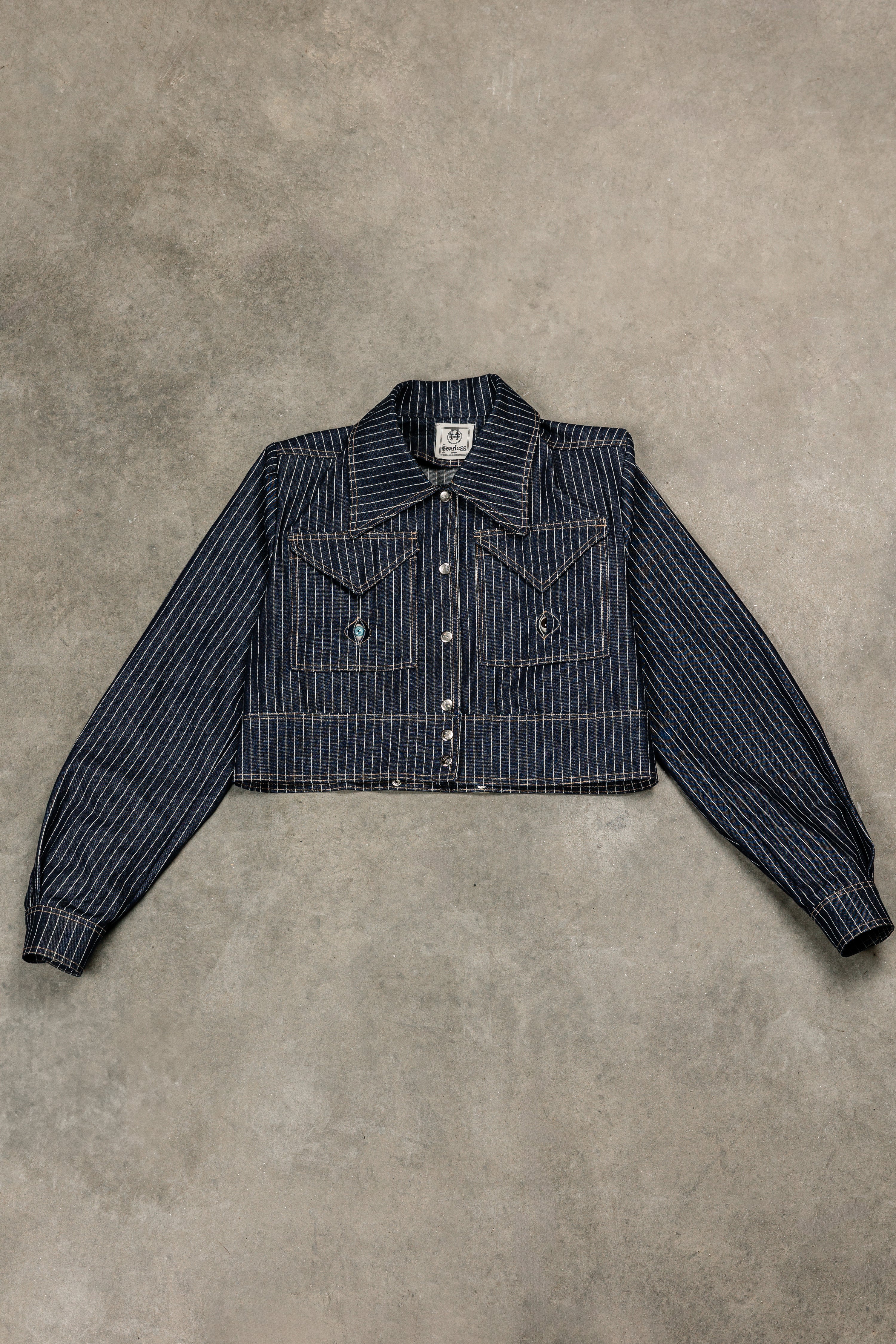 Tearless Pinstripe Denim Cropped Jacket