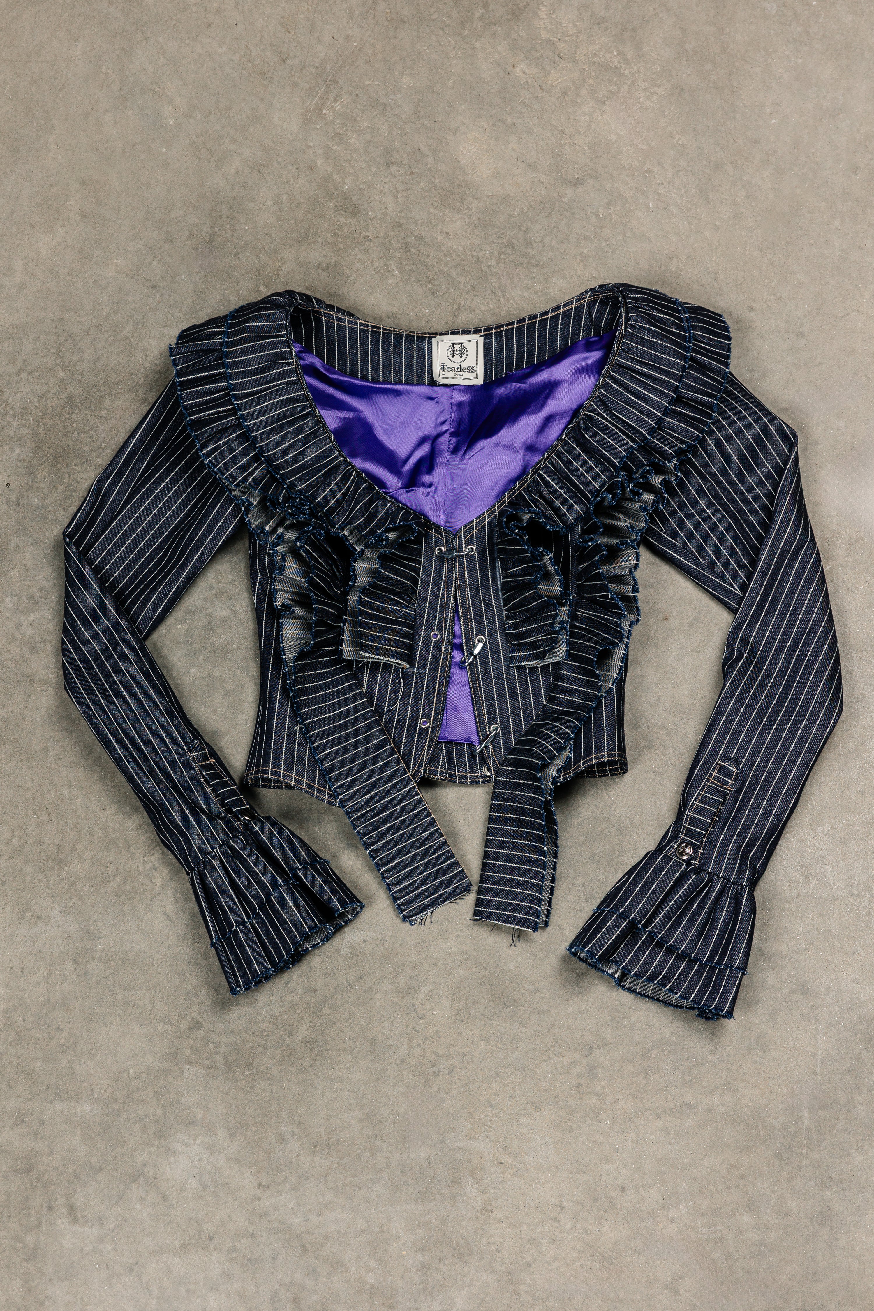 Tearless Pinstripe Denim Ruffled Top