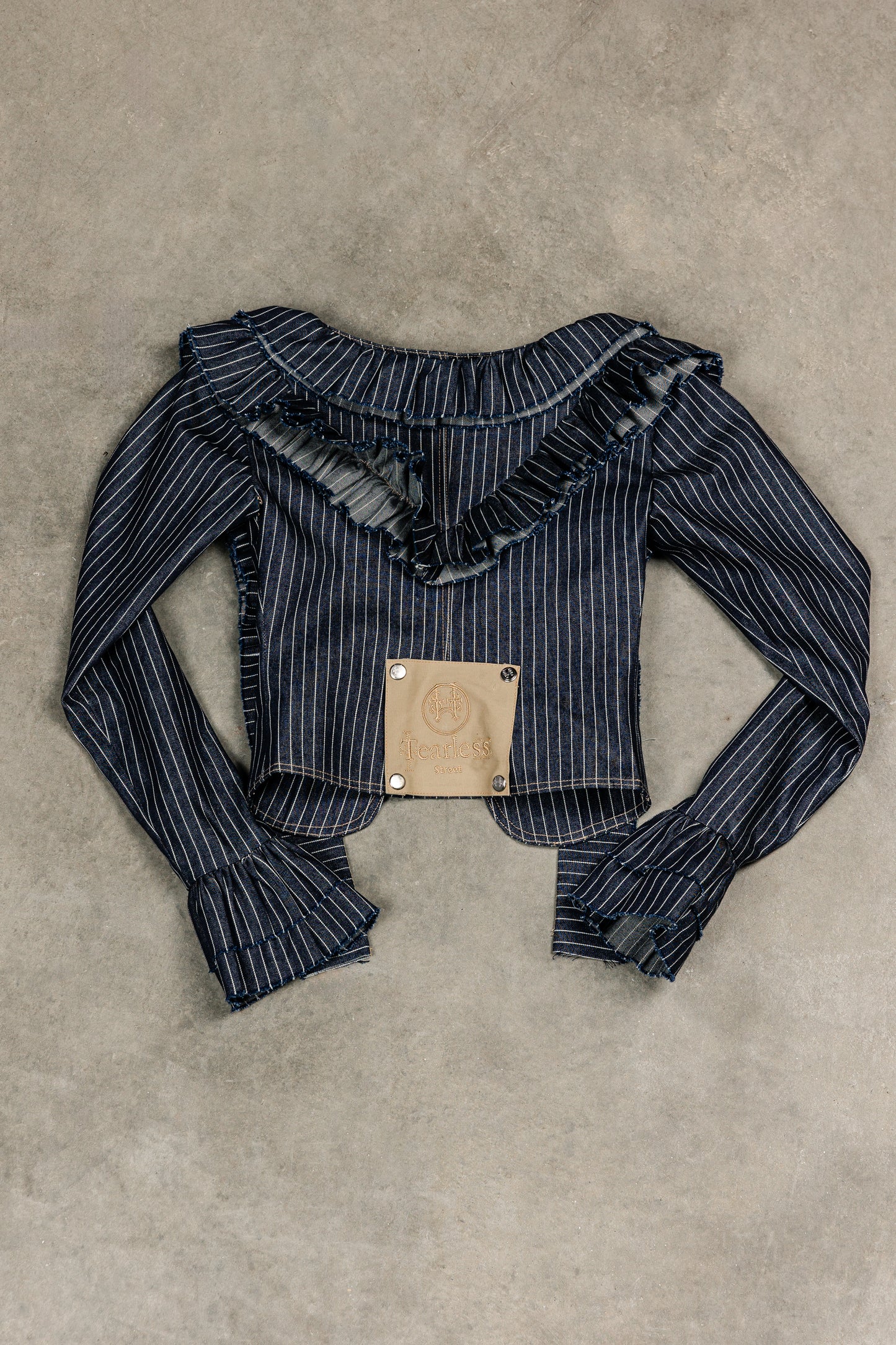 Tearless Pinstripe Denim Ruffled Top