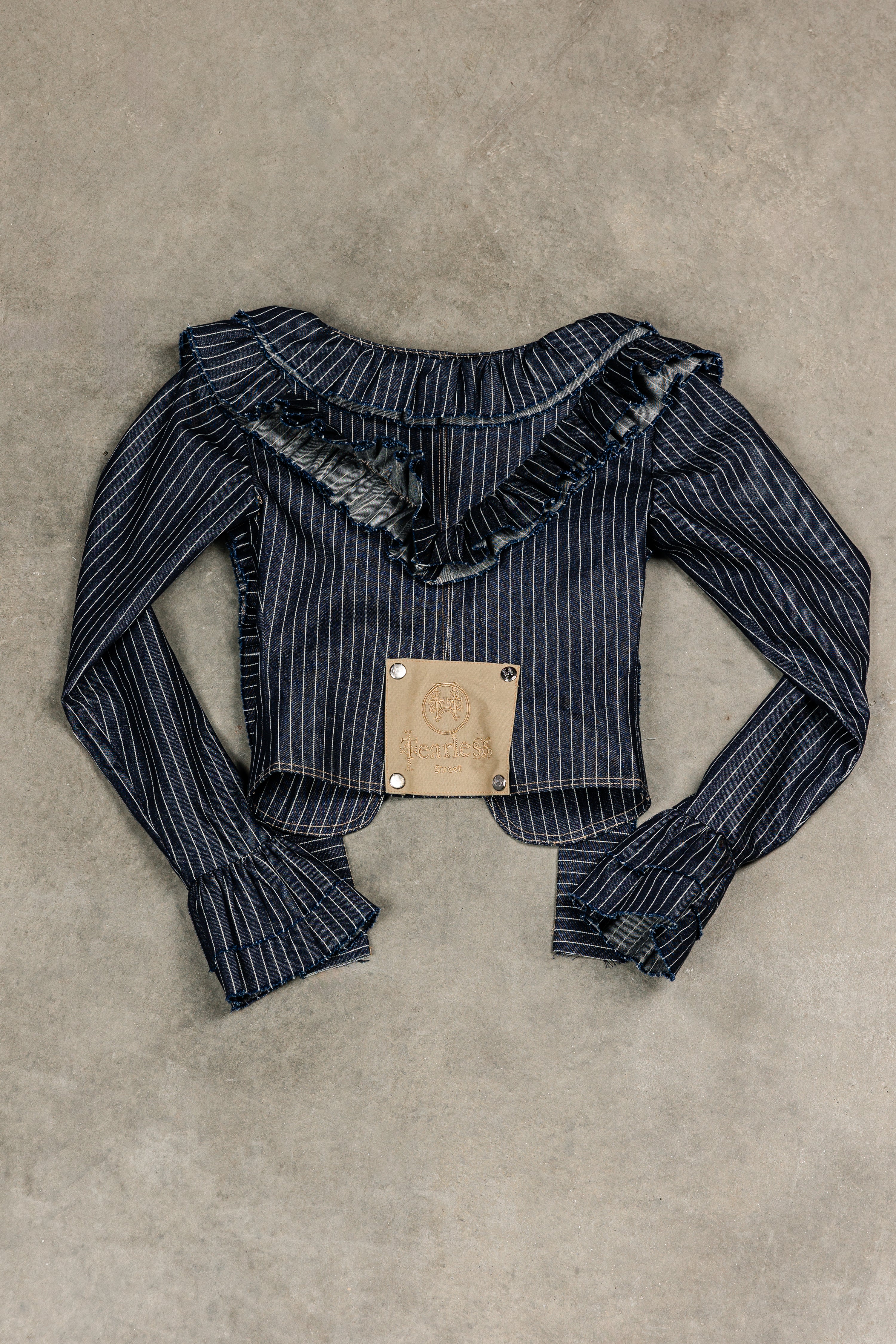 Tearless Pinstripe Denim Ruffled Top